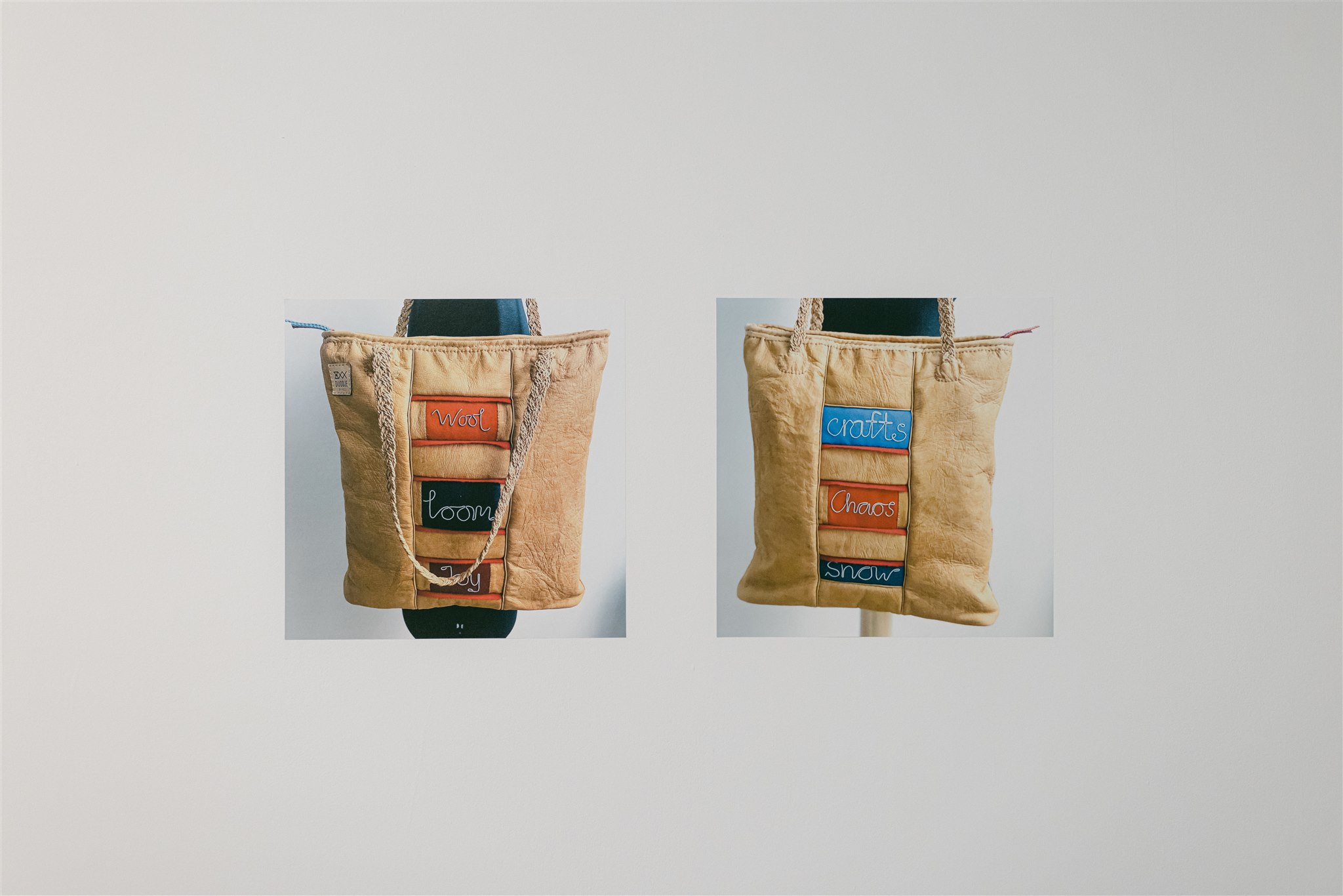 Two close-up photos of fabric bags with colorful embroidered words