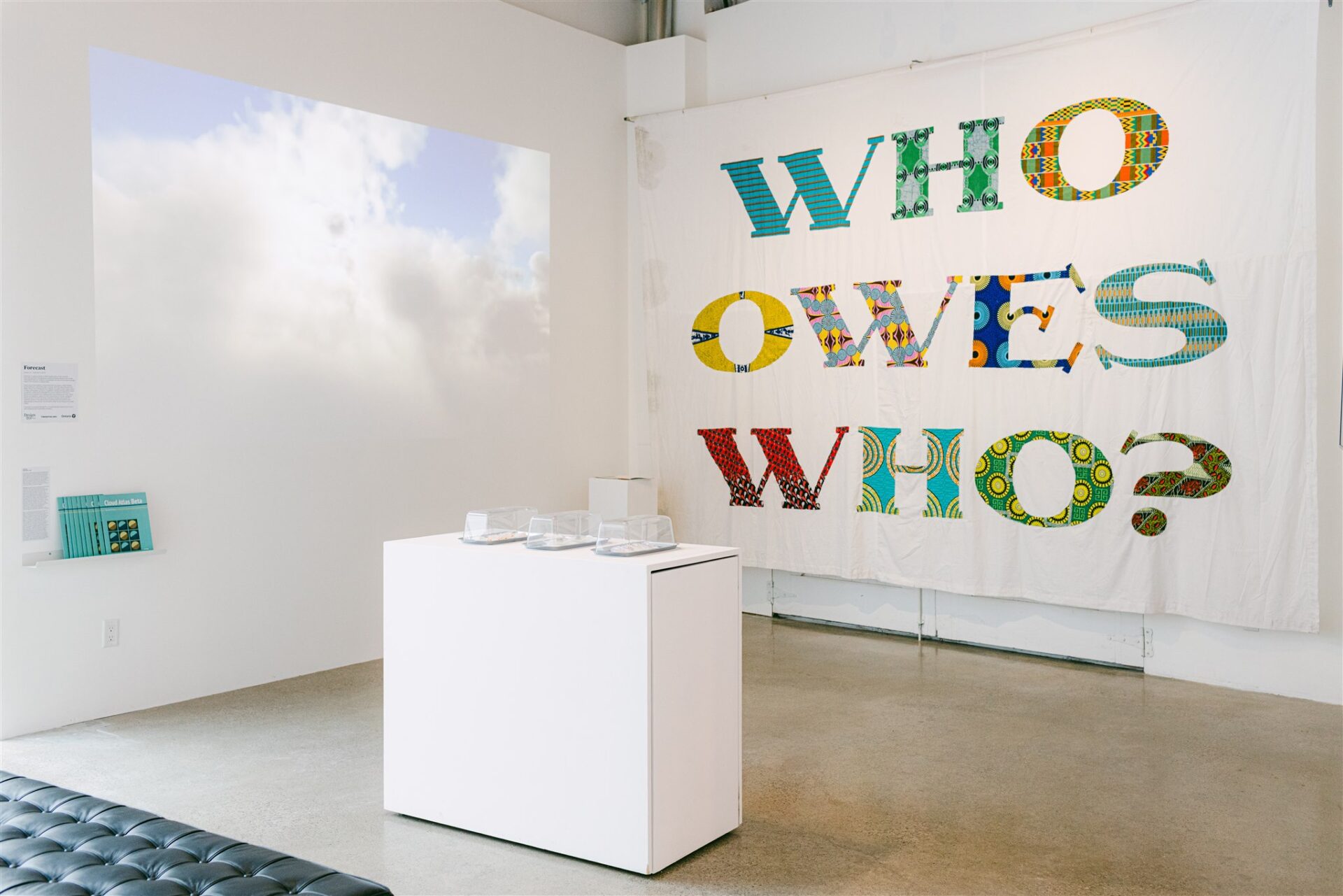 Text quilt reading 'WHO OWES WHO?' beside a cloud video and display case