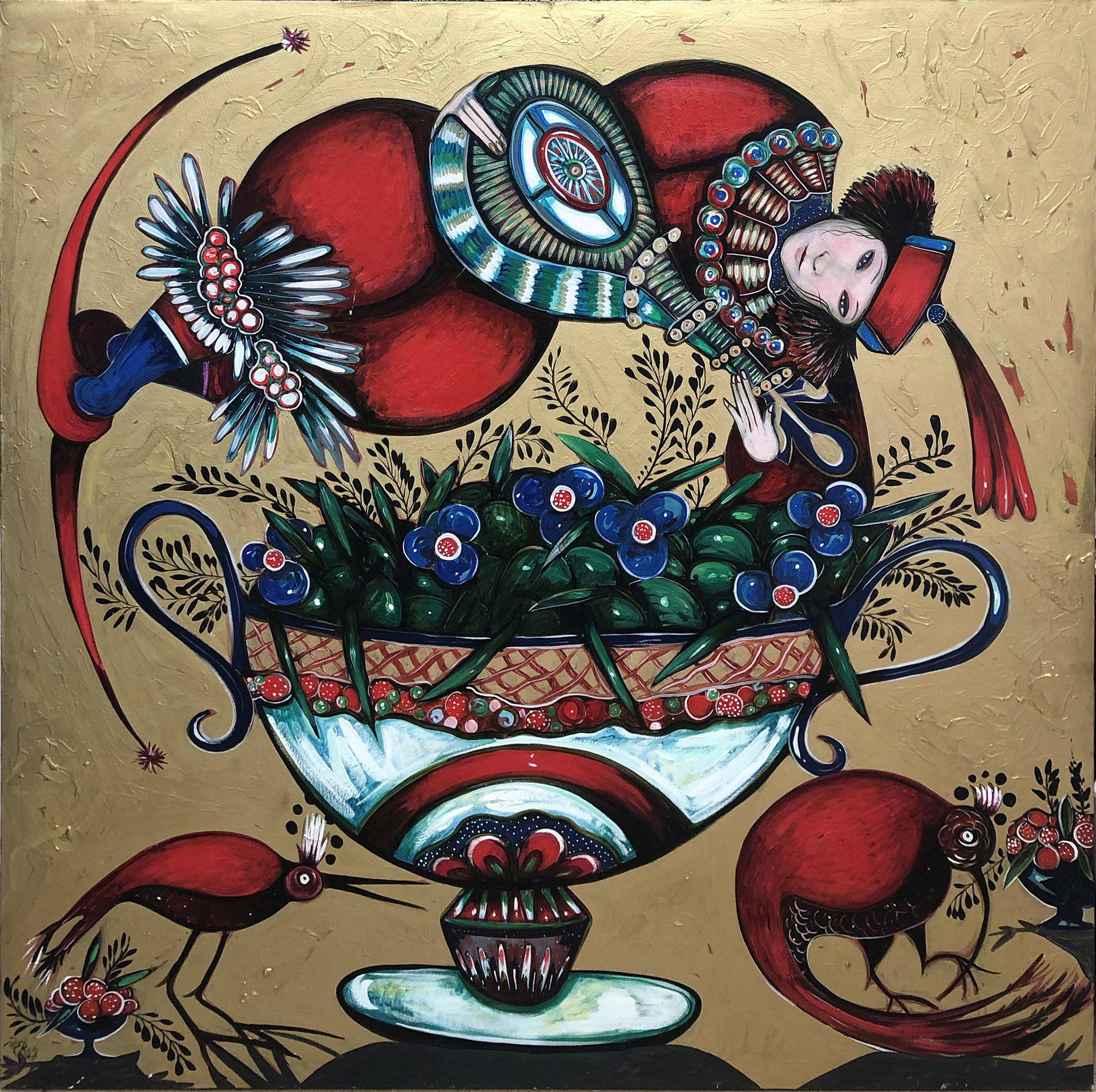 Toller Cranston. 'Muscians over Goblet'. Oil on canvas. 66” x 66”