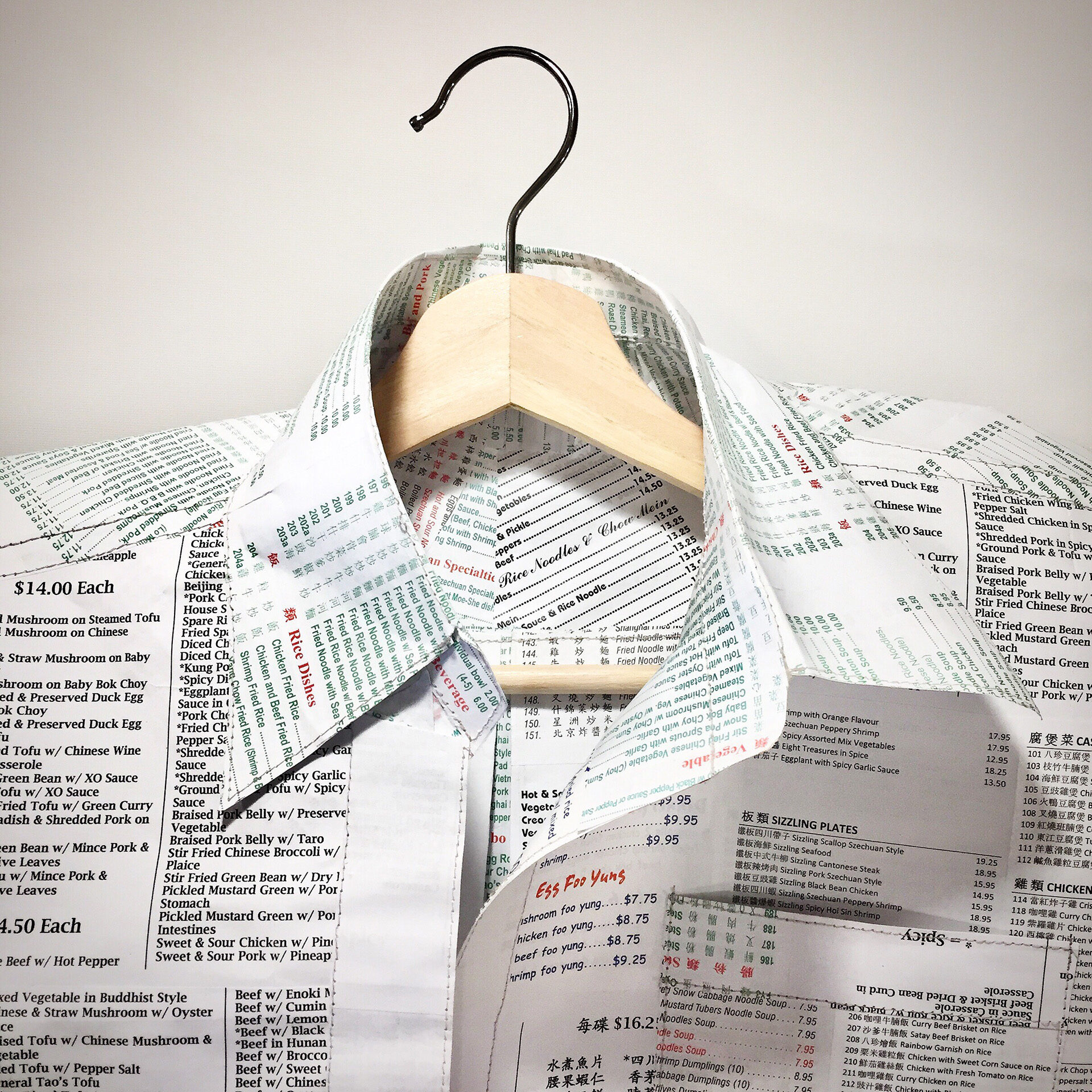 A dress shirt made out of Chinese takeout menus.