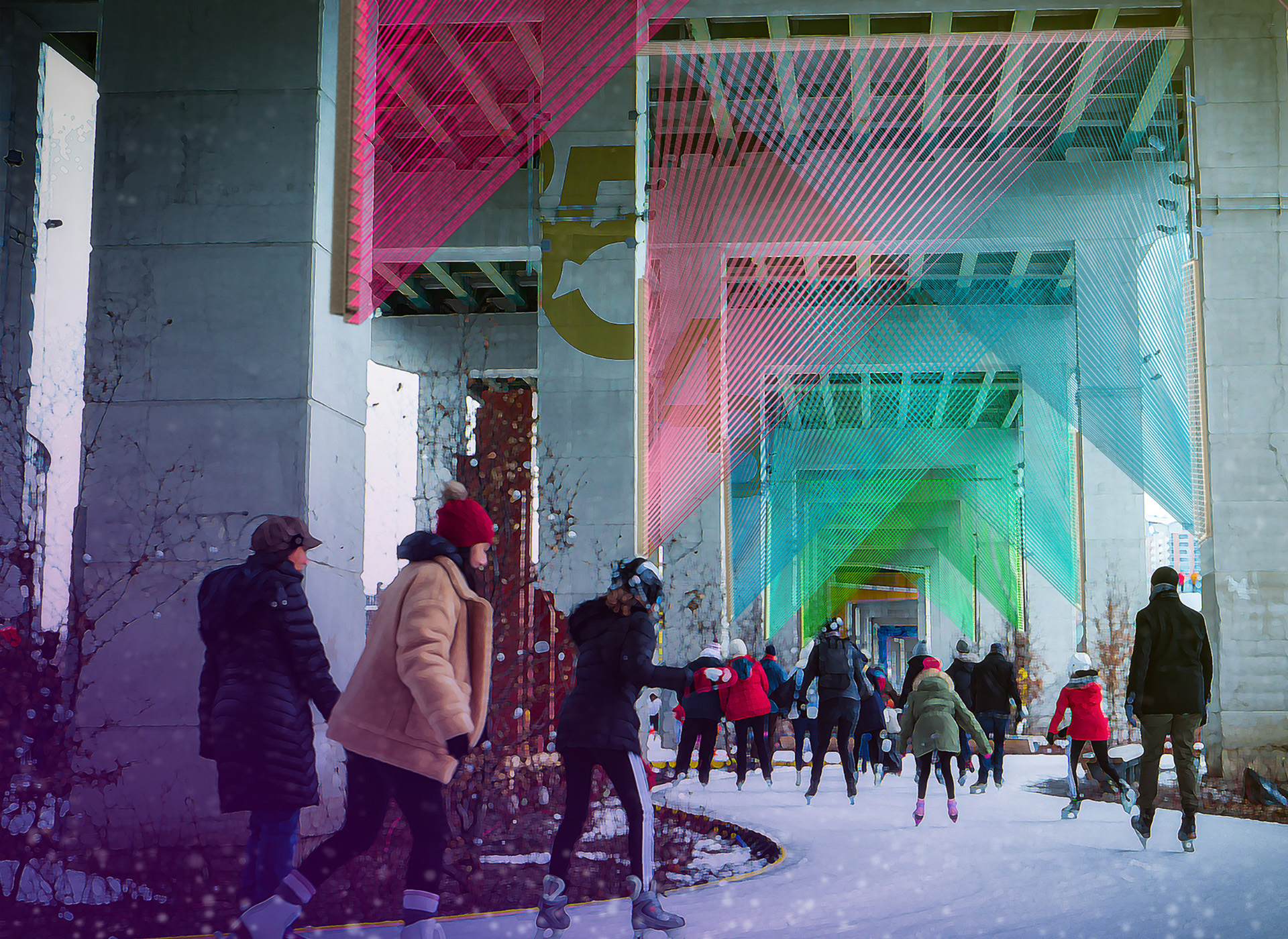 People skate under a northern lights inspired art installation at The Bentway