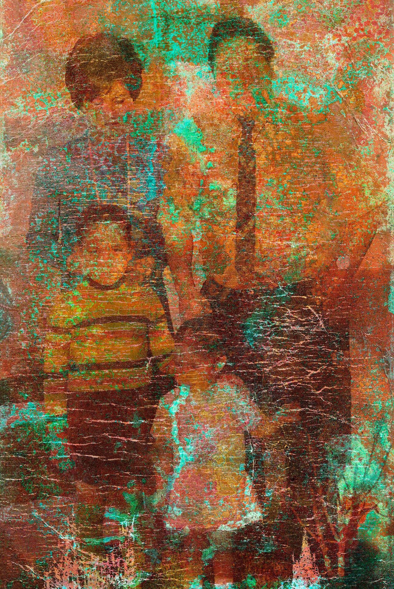 Archival family photo printed onto a corroded copper plate.