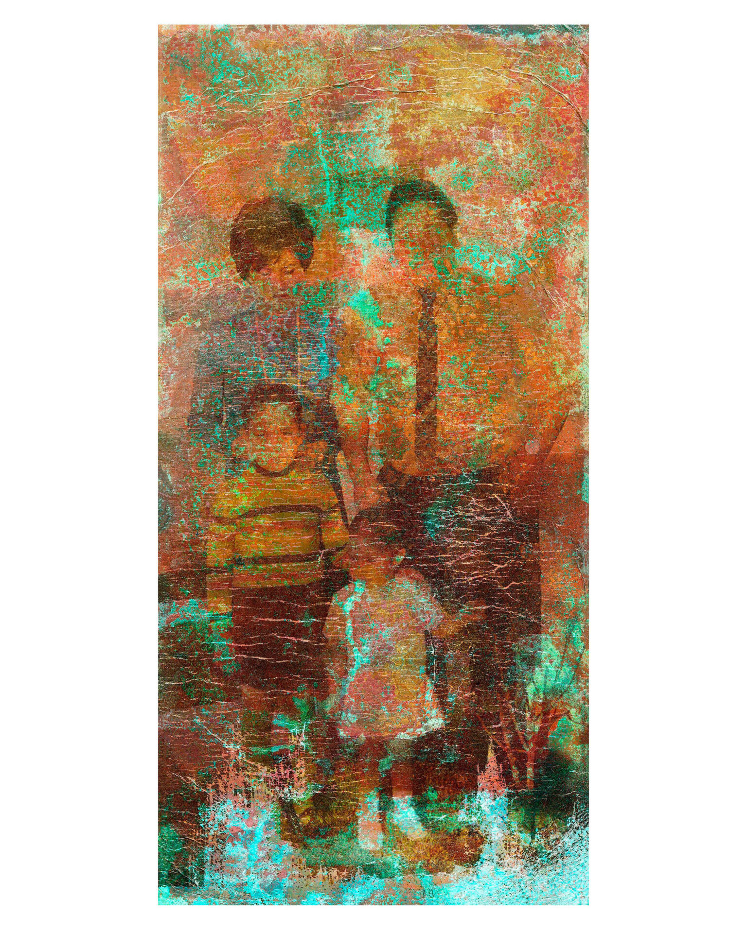 Detail shot of an archival family photo printed onto a corroded copper plate.
