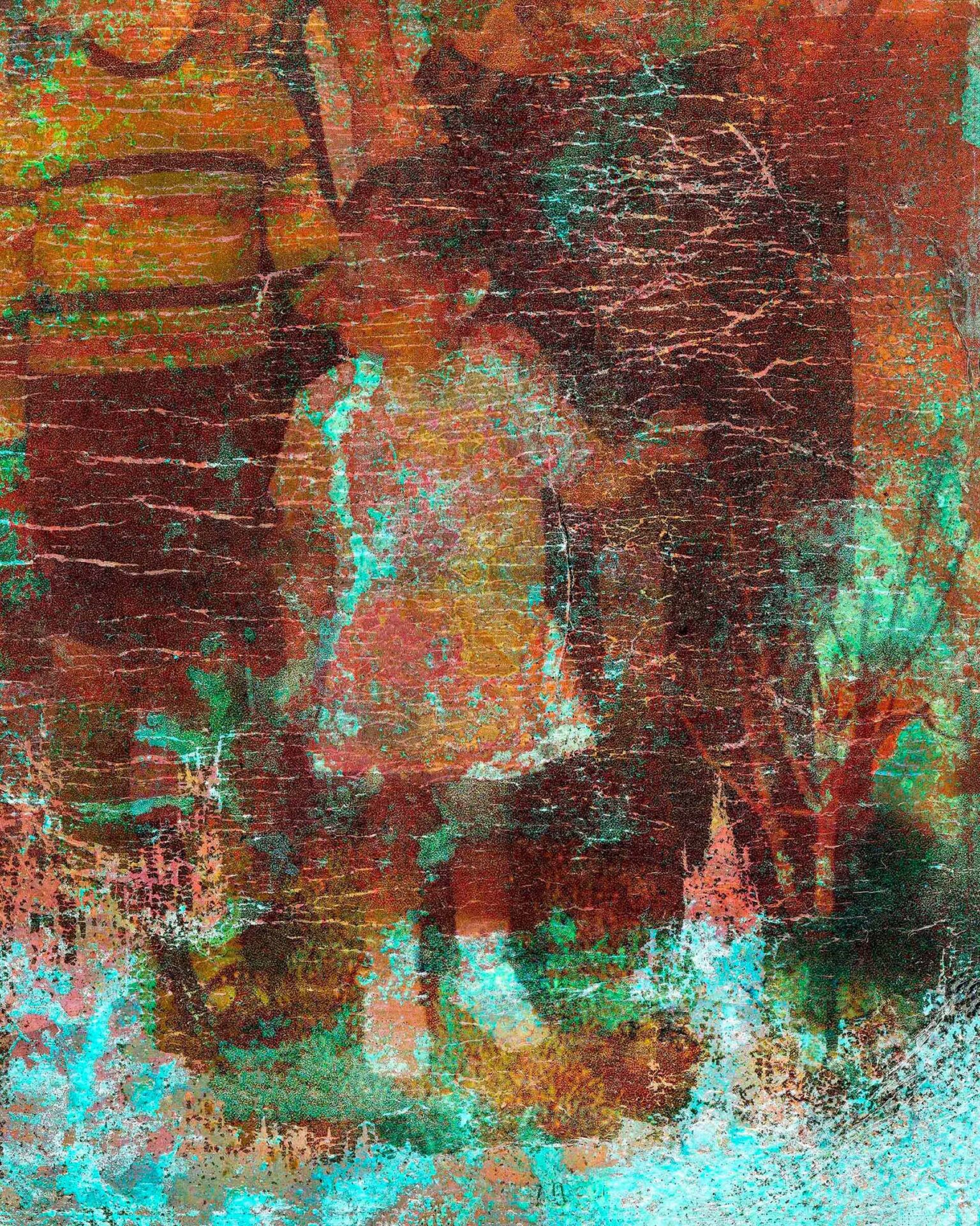 Detail shot of an archival family photo printed onto a corroded copper plate.