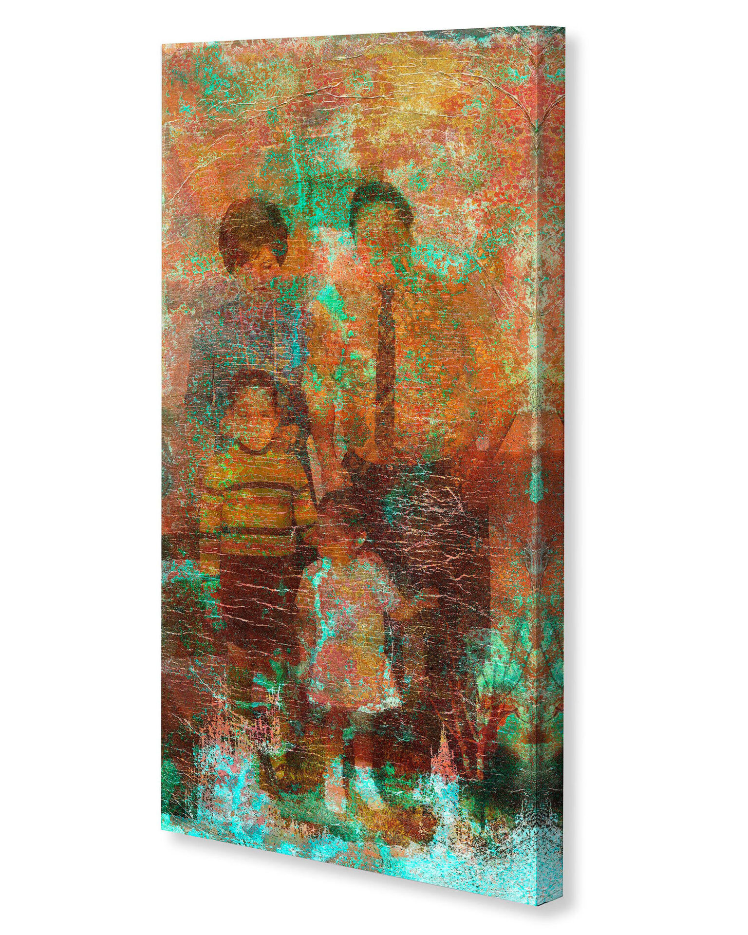 Detail shot of an archival family photo printed onto a corroded copper plate.