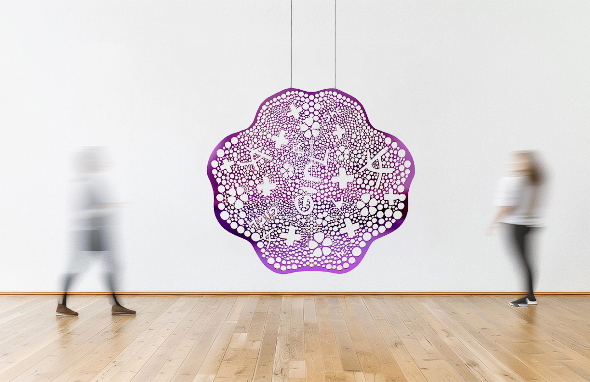 Silver and purple metal lace sculpture hanging in a gallery space
