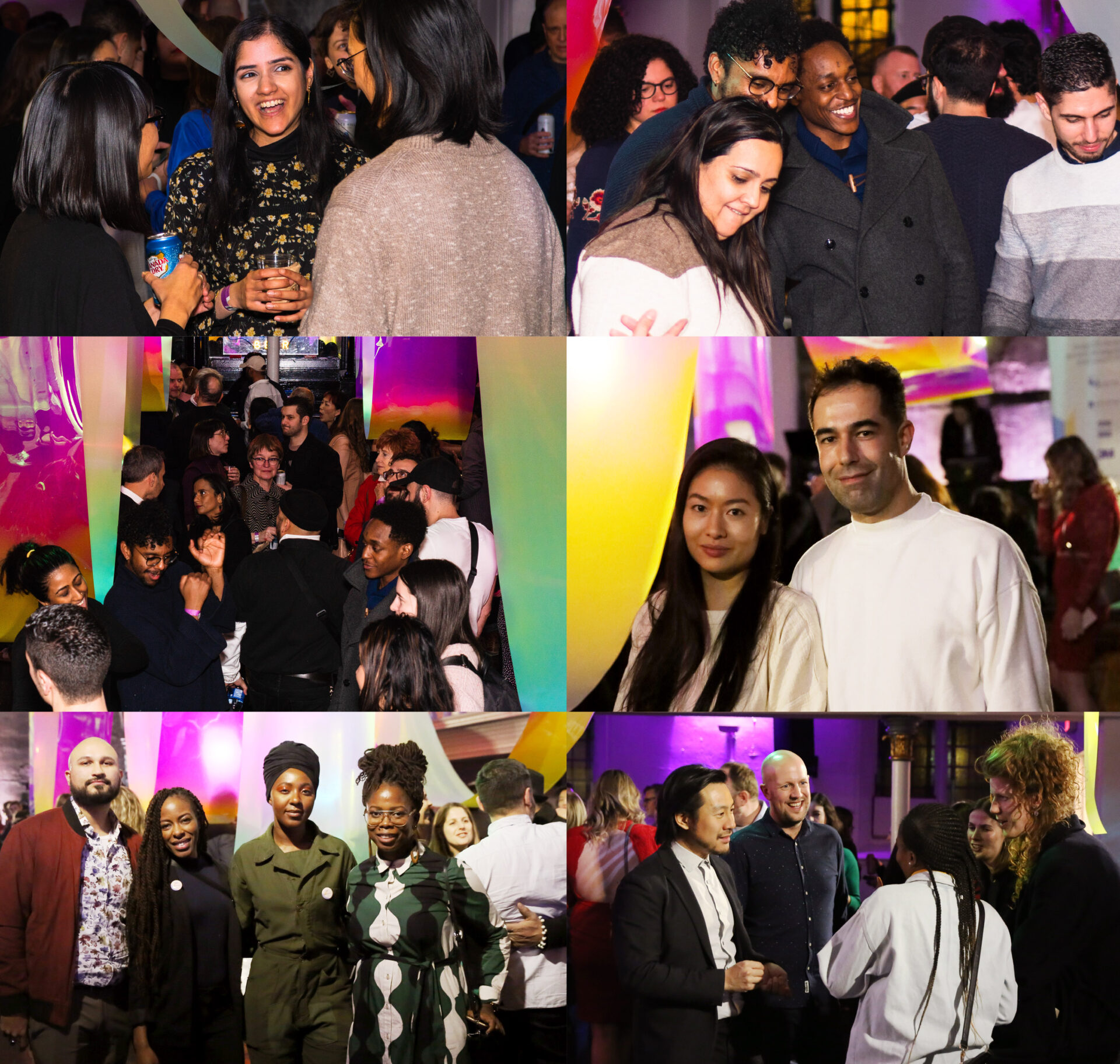 people dancing at party with art and light installation