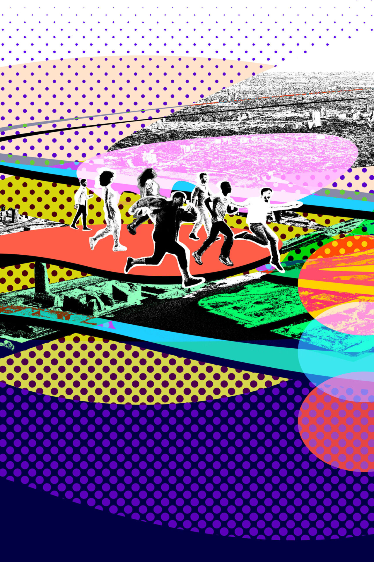 Graphic of people and stylized depiction of a portion of Toronto waterfront area