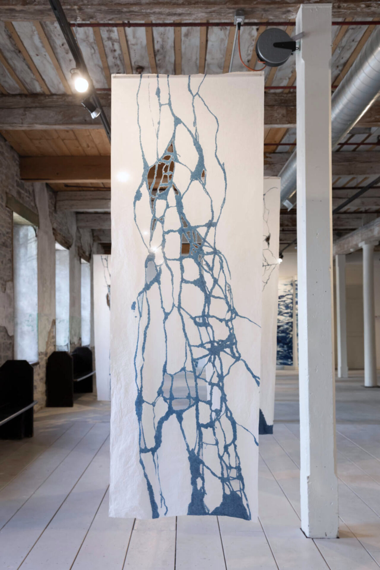 blue curving and intersecting lines on white translucent paper
