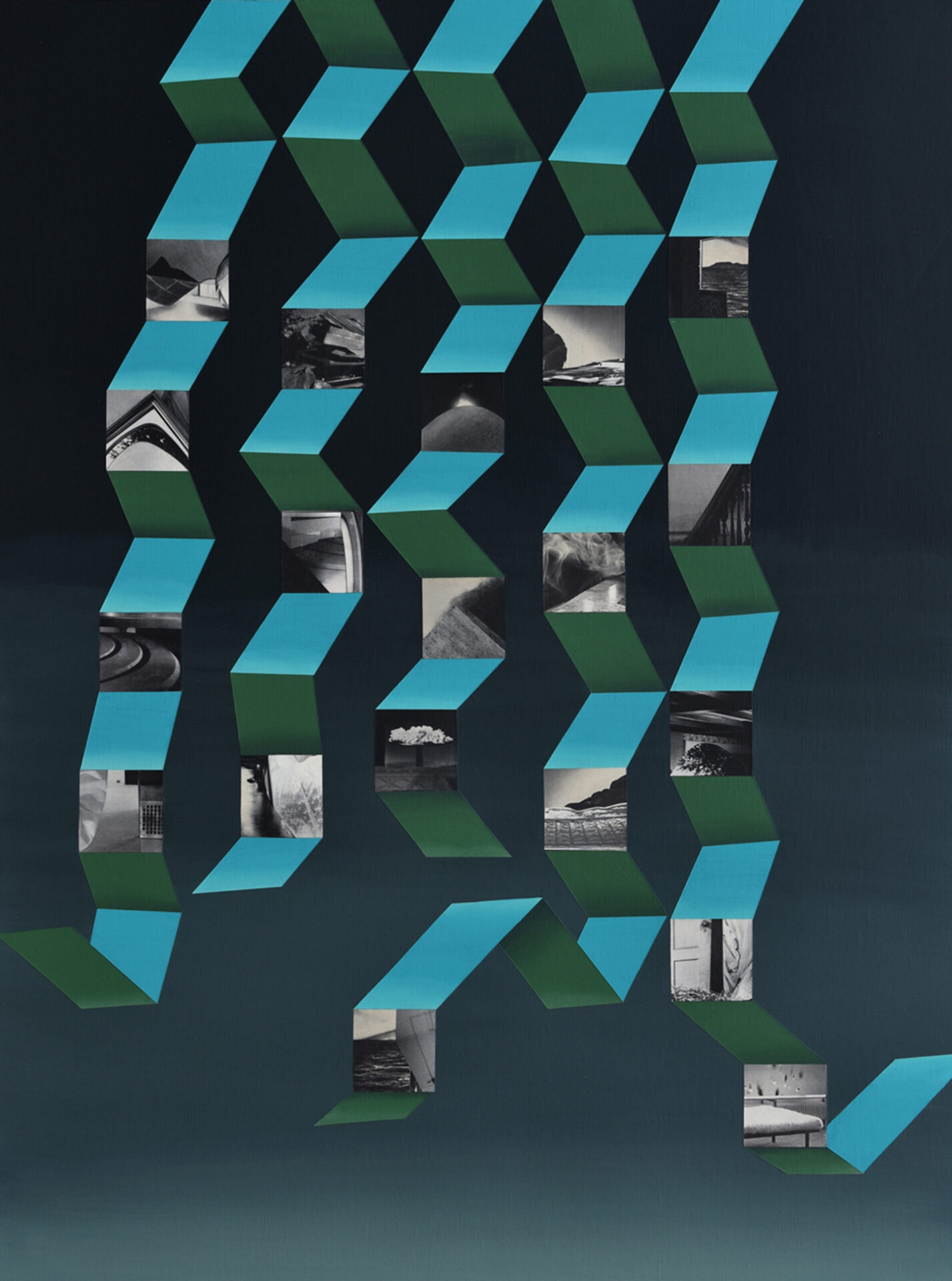 brightly coloured paper chains and black and white collages hang in front of a turquoise background