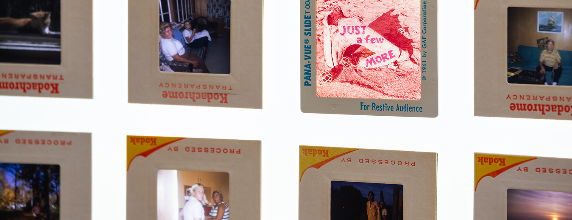 Photography slides of family some clear and not exposed backlit glowing. 