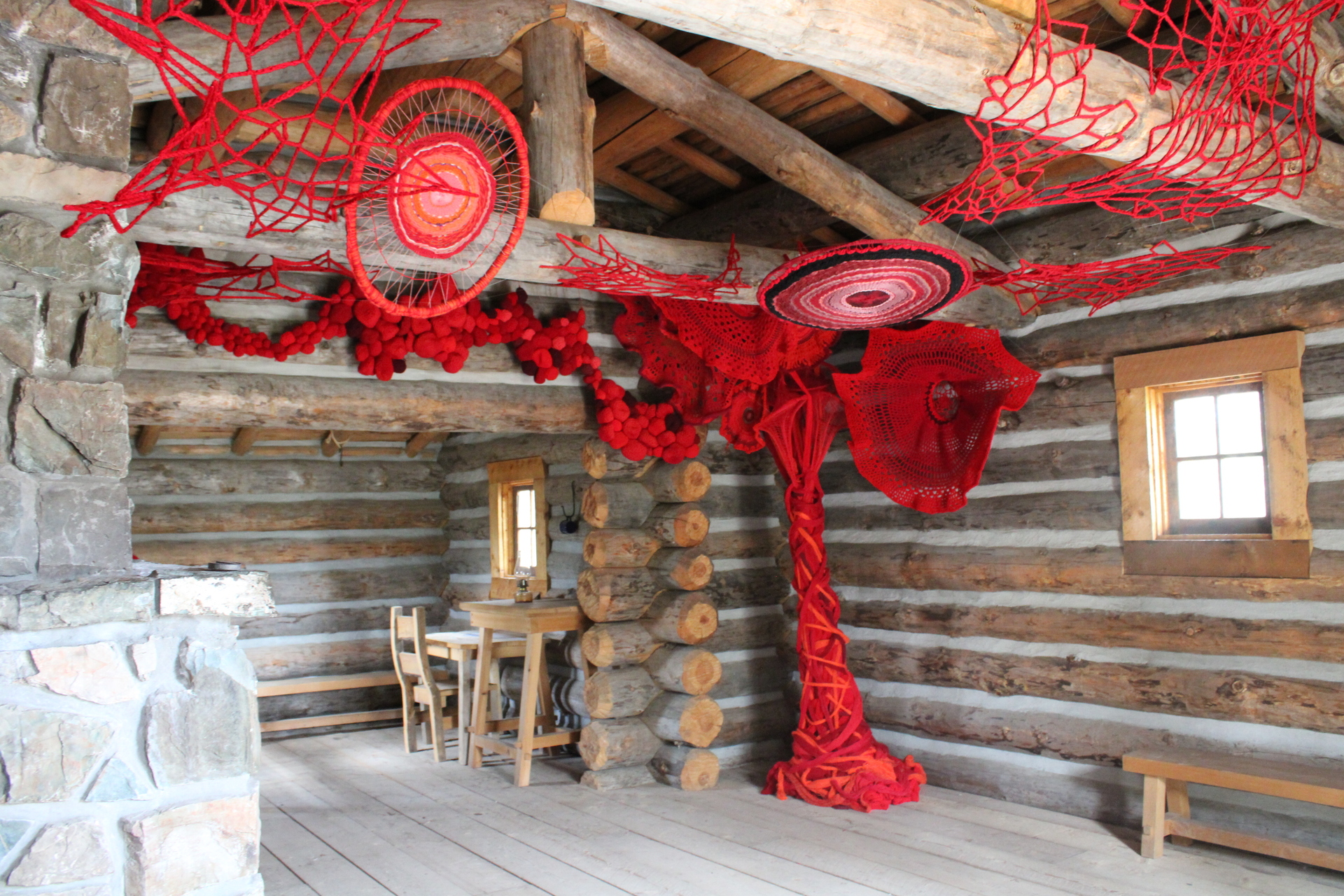 art installation by Métis artist Tracey-Mae Chambers. Installed within the Our Lady of Peace Roman Catholic Mission, this unique work invites reflection, dialogue, and healing in one of the most historically meaningful spaces at the Park. Heritage Village Park Calgary Alberta

