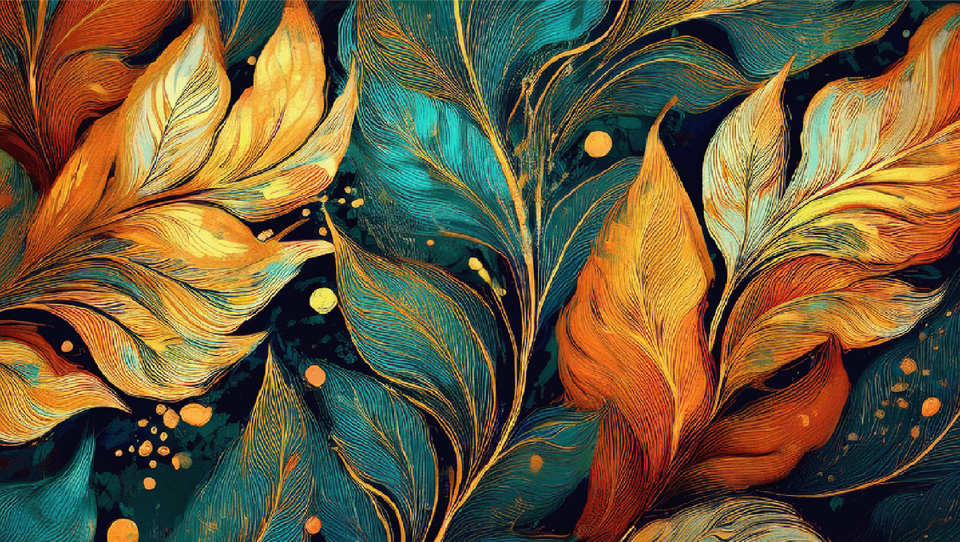 The image showcases vibrant leaves in shades of orange and gold against a deep blue background. The leaves have flowing lines that create a sense of movement, while scattered circular elements add texture. Overall, it evokes a lush, natural feel.