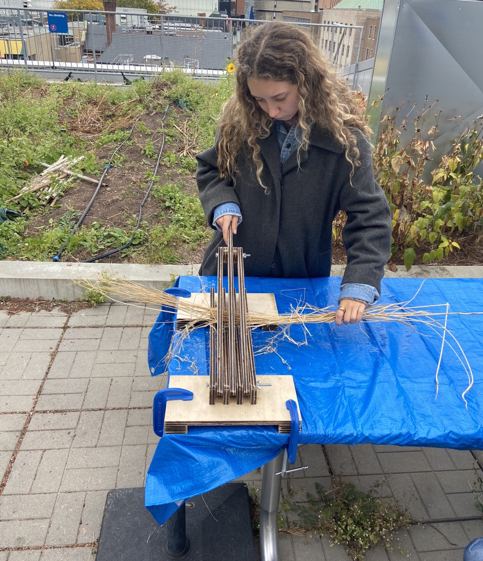 Woman using a flax brake to process flax fibres