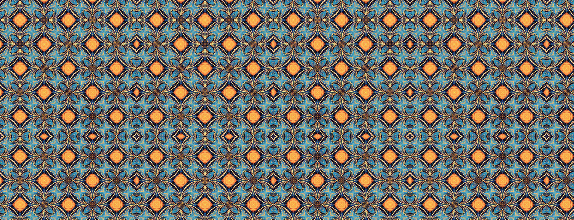 The image showcases a repeating pattern of geometric shapes in shades of blue, orange, and black. The design features diamond and leaf-like motifs, creating a textured, elaborate appearance that evokes a sense of symmetry and rhythm.