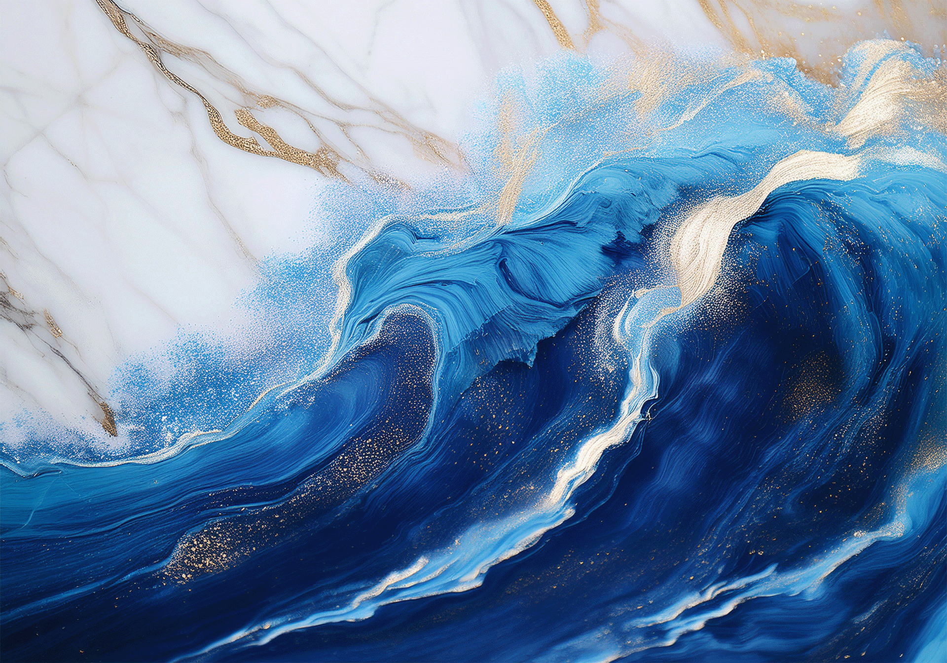 The image depicts an abstract representation of ocean waves in deep and vibrant blues, with swirling patterns that suggest movement. Golden accents resemble sunlight reflecting on the water, while a marbled white background adds a sense of depth and texture, evoking the beauty of the sea.