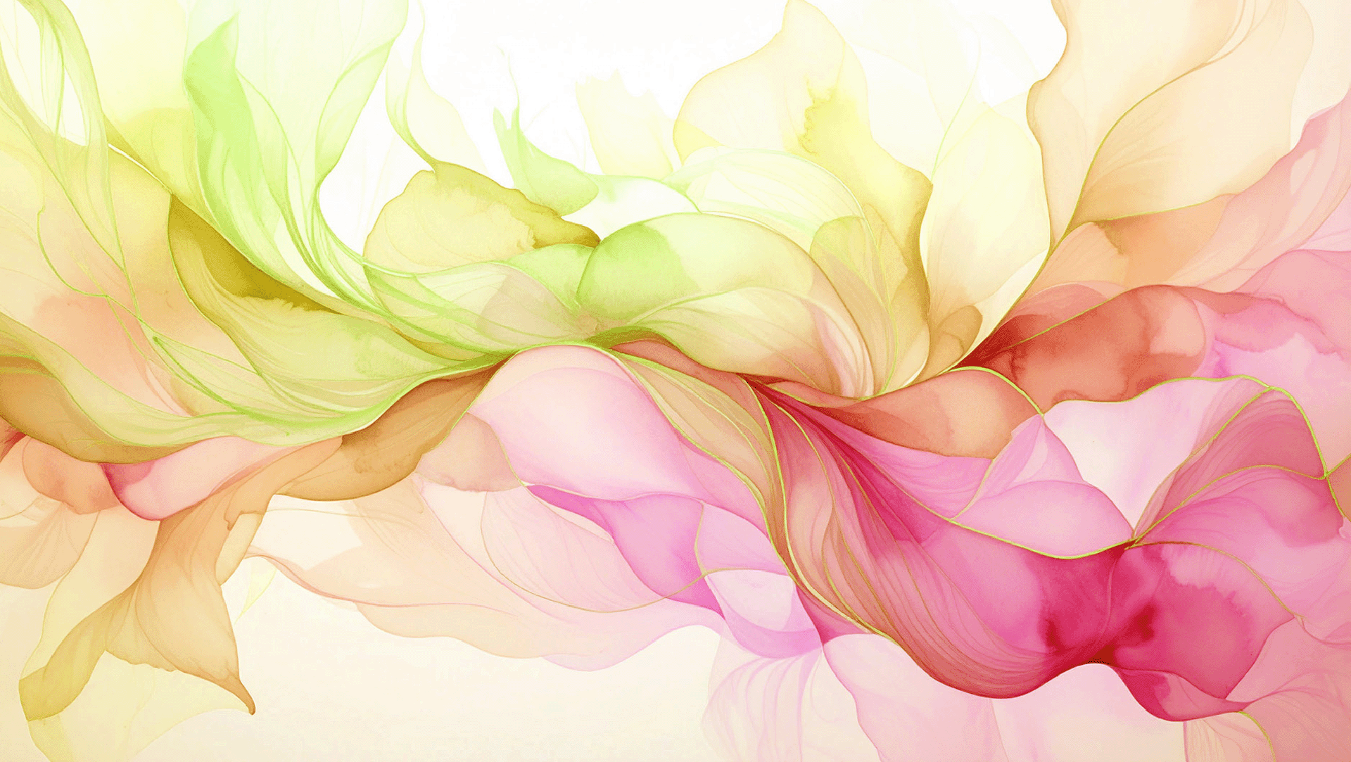 The image features a flowing, abstract composition of soft, translucent shapes in pastel colors, including pinks, greens, and warm yellows. The gentle curves and layers create a sense of movement and lightness, resembling petals or waves, set against a soft, light background.