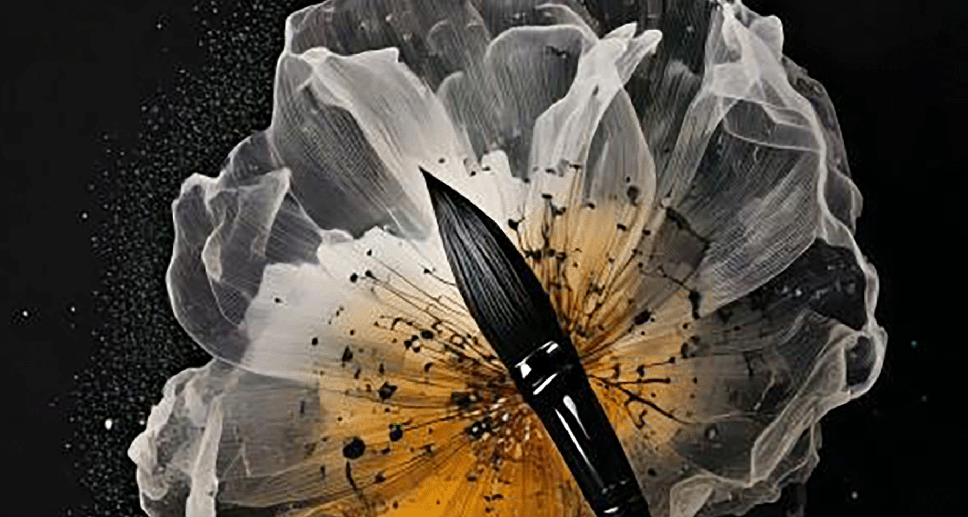 The image depicts a translucent white flower with soft yellow accents against a black background. A black paintbrush appears to have just touched the flower, with paint drips cascading down, blending art and nature.