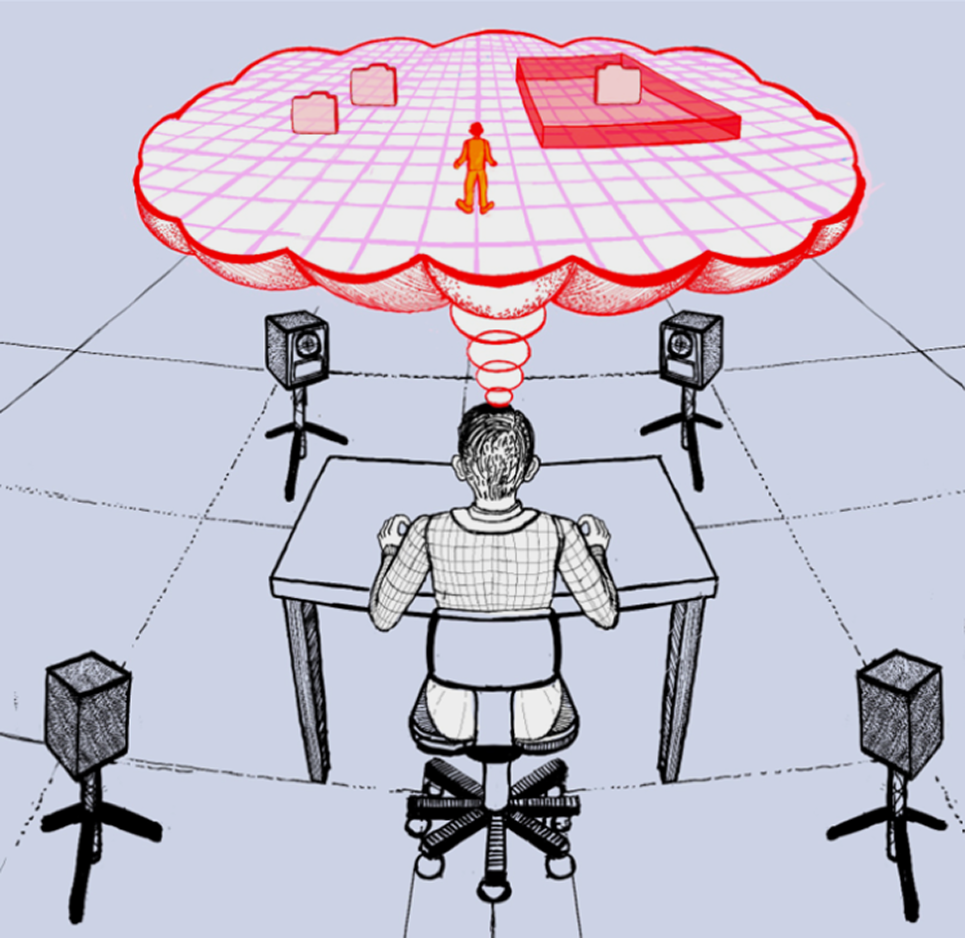 An illustration of a man sitting at a desk surrounded by 4 speakers. A thought bubble above the man shows several icons of computer folders in a 3D environment.