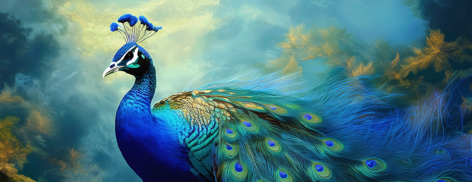 The image features a stunning peacock with vibrant blue plumage and sophisticated feather patterns. Its long tail displays colorful eye-like markings, and it has a tuft of feathers on its head. The background is a soft, dreamy landscape of greens and blues, creating a serene atmosphere.