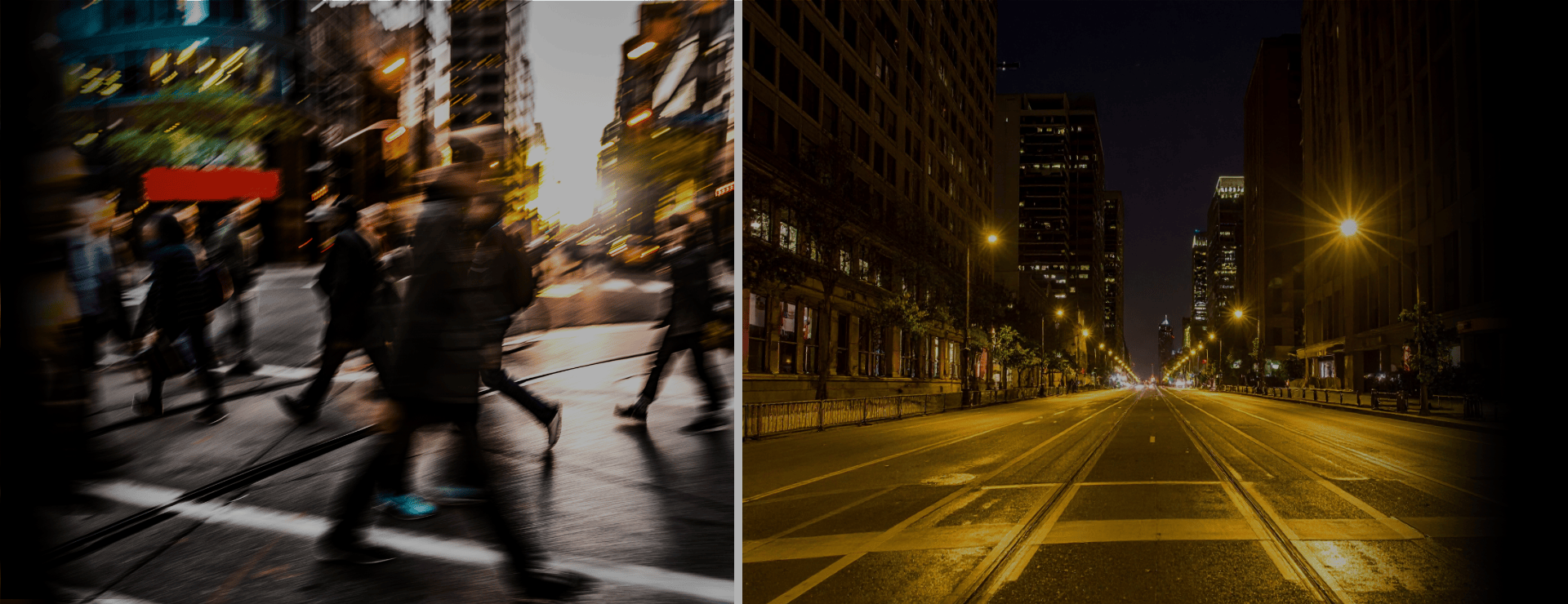 A split image showing a busy city street full of people at sunset on the left, and the same street empty and quiet at night on the right, highlighting the contrast between liveliness and emptiness.