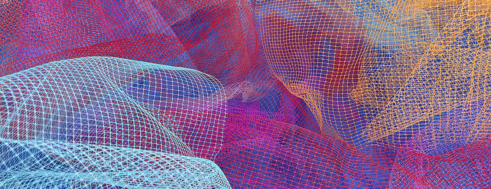 Close-up view of layered translucent poly-mesh in light blue, red, yellow, and blue tones, overlapping to create a vibrant interplay of color and texture.