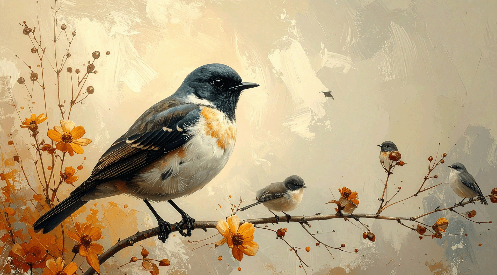 The image features a large, colorful bird perched on a branch adorned with delicate orange flowers. The bird has a striking blue head and an orange patch on its chest, while smaller gray birds are also present on the branch. The background is softly blended with warm, neutral tones, creating a serene atmosphere.