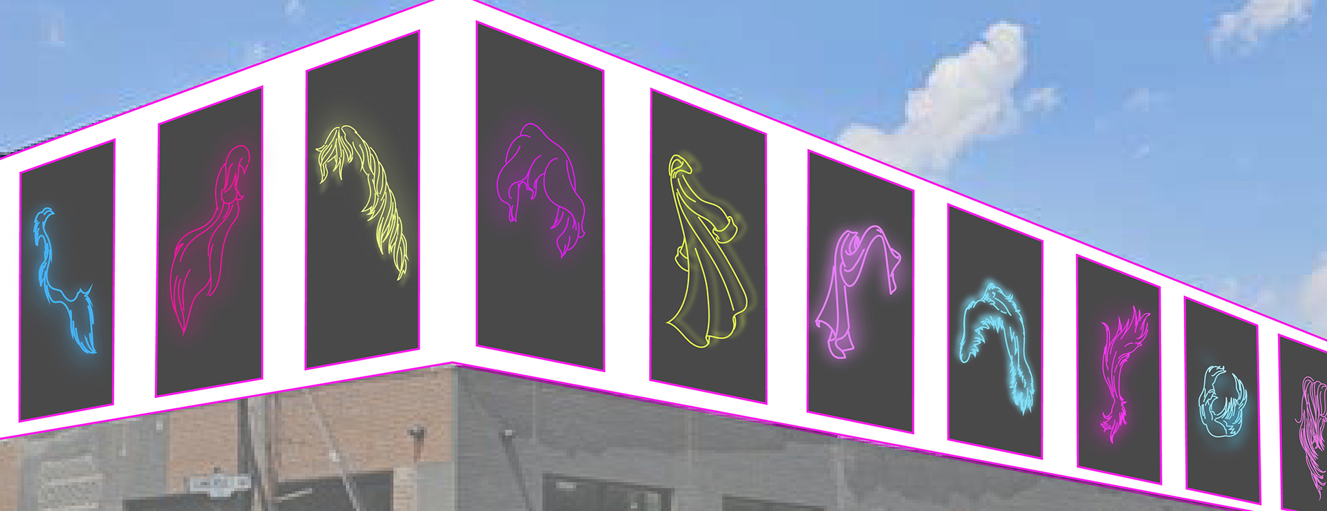 Mysterious glowing blob-forms, traced in LED electrical wire in different pastel and neon colors, hang floating on the second floor windows of the RAW Design building on Geary Avenue. 