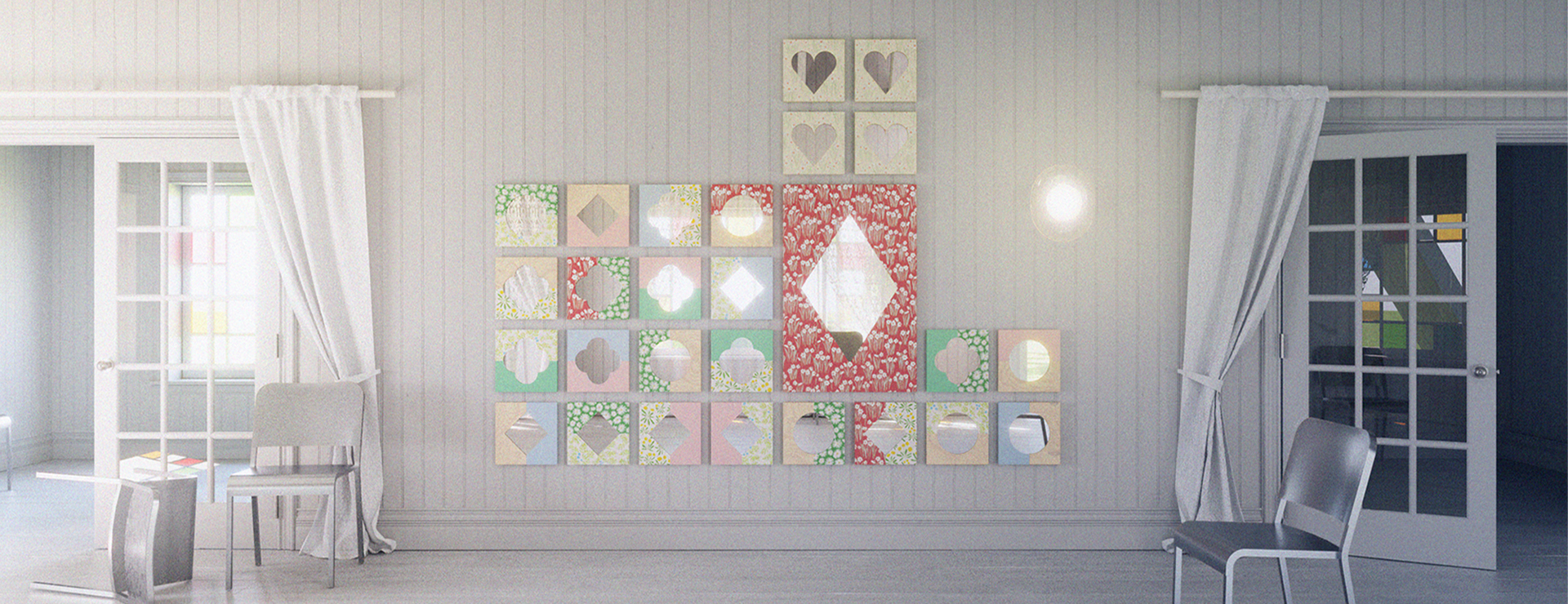 An art piece consisting of 27 colored and wallpapered mirrors hangs in a white wood-clad room with chrome chairs 