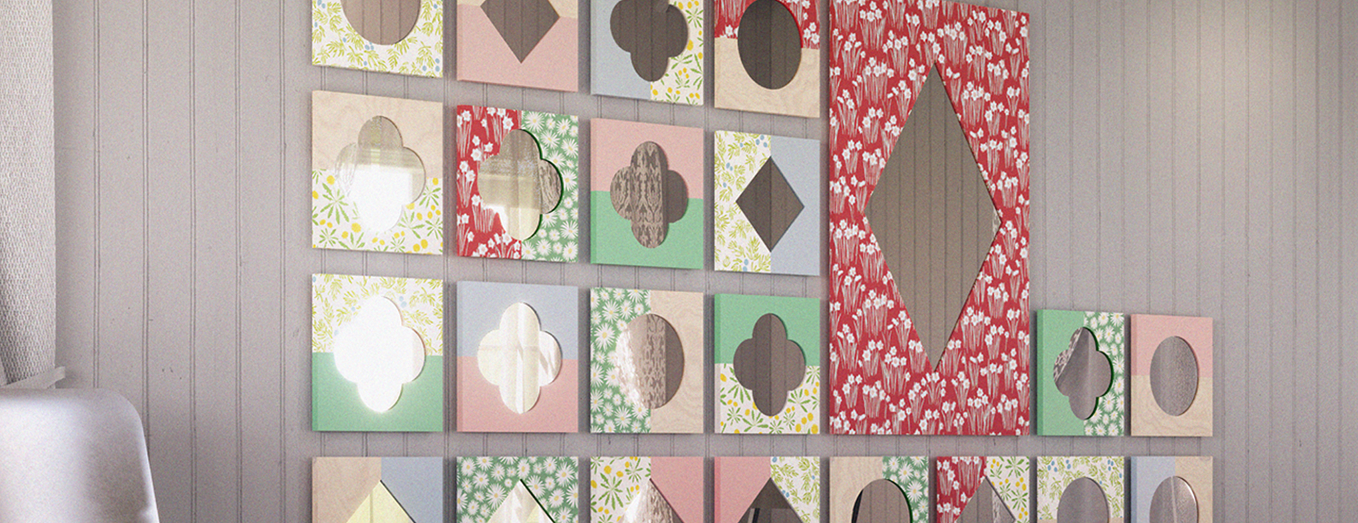 An art piece consisting of 27 colored and wallpapered mirrors hangs in a white wood-clad room