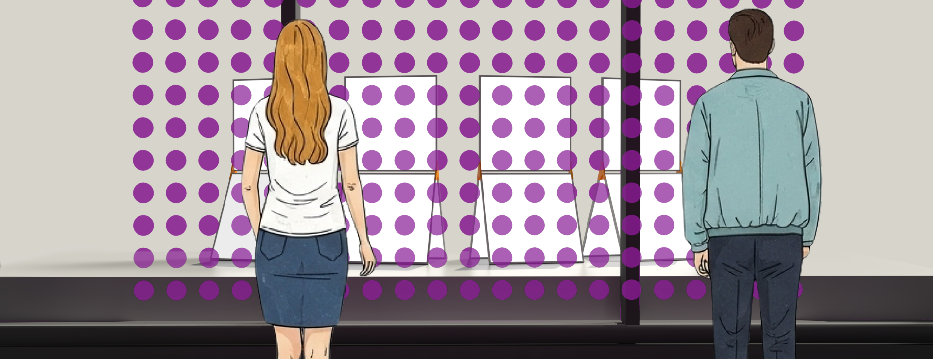 3d illustration of an interactive lighting installation in a storefront looking over the shoulder of 2 different people.