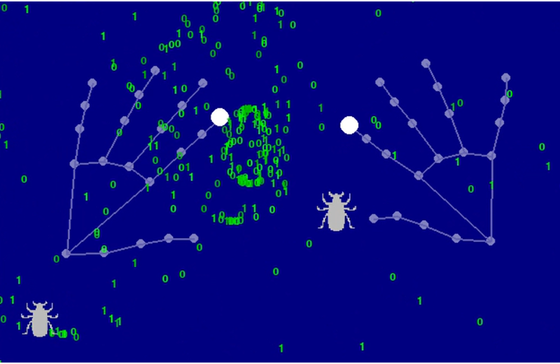 The images shows a computer vision based hand tracking video game with a digital hand surrounded by the binary numbers 1s and 0s and a bug located to the left side of the hand.

