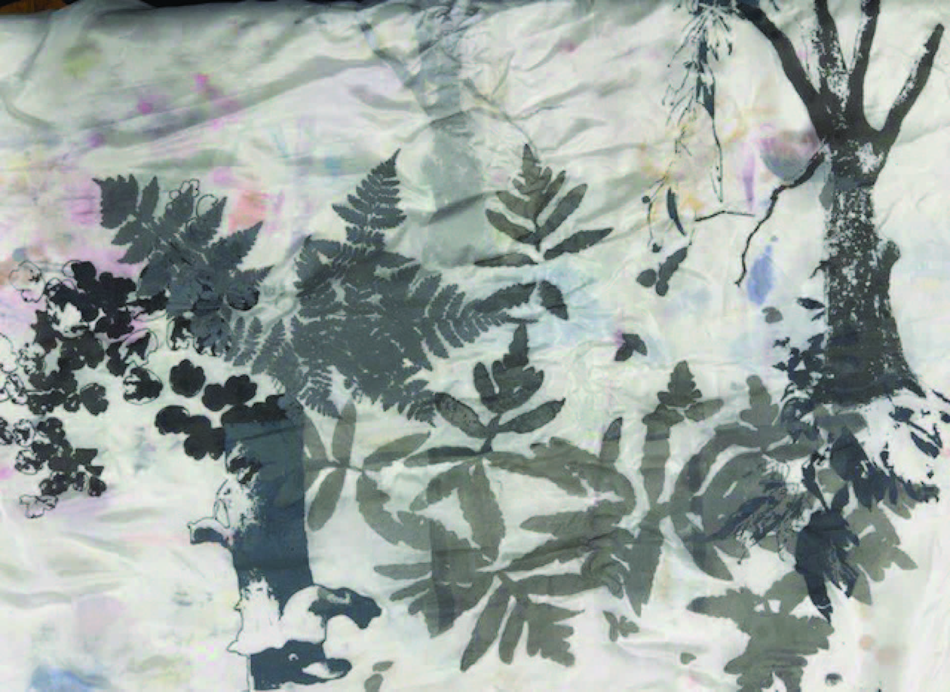 organic and plant like images screen printed composition on white fine silk