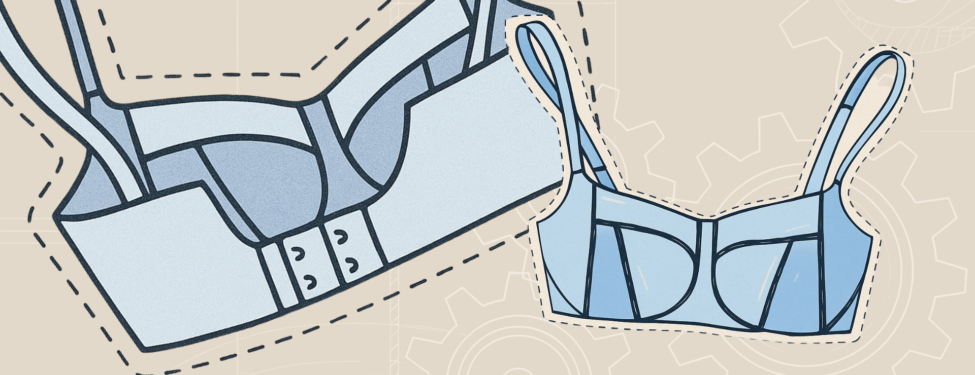 Illustration of two light-blue bras drawn in a stylized, blueprint-like design with dashed cut-out lines. One shows the front view, the other the back, both outlined in black against a beige background with faint gear and drafting patterns.