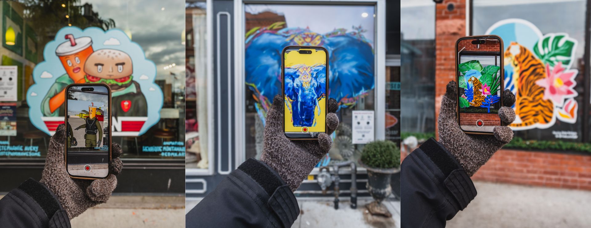 A collage of three photographs showing mural installations on storefront windows. From left to right, the murals depict a smiling cartoon burger and rootbeer cup dressed as fighter pilots with the caption "TOP BUN", the next mural is of an ornate blue elephant, and finally a bengal tiger against a background of flowers. In the foreground of each photo, a hand holds up a smartphone in front of the window murals as an augmented reality animation plays on its screen. 