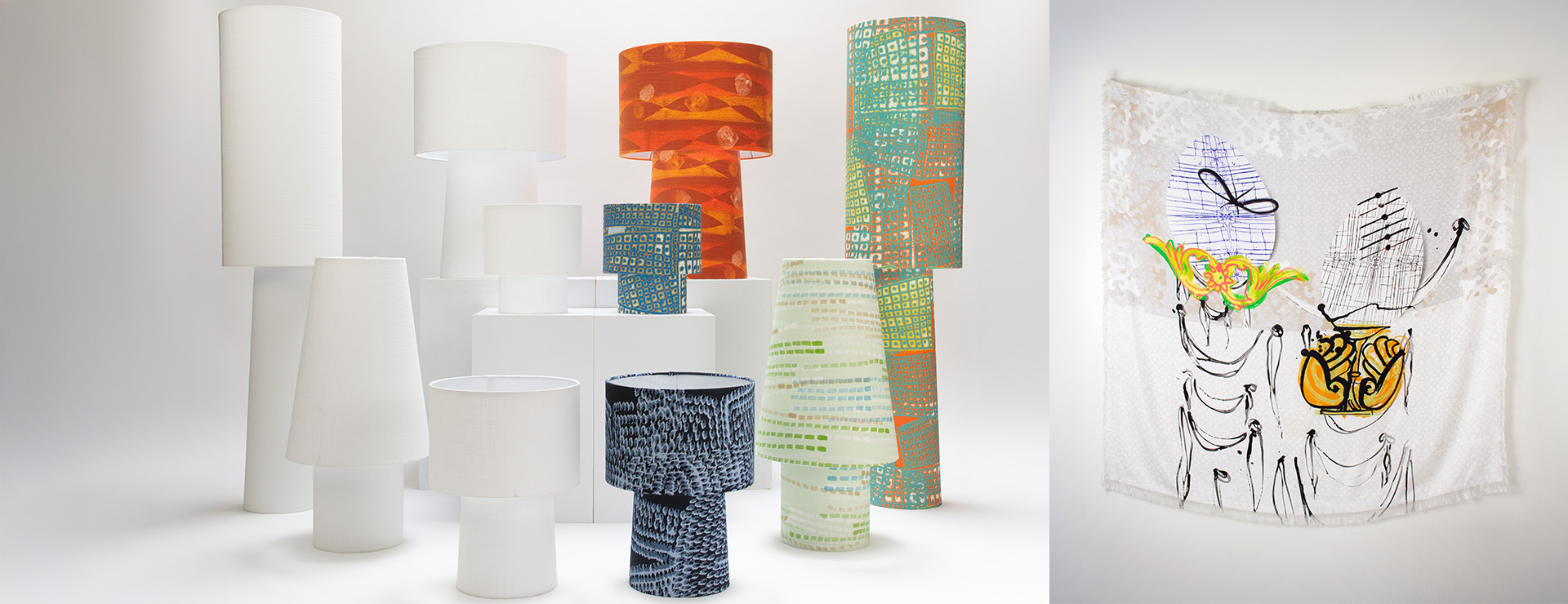 min/max lamp collection by Jenny San Martin Design showing white minimalist lamps alongside bold patterned versions, with Betwixt silk print featuring illustrated figures at a gathering