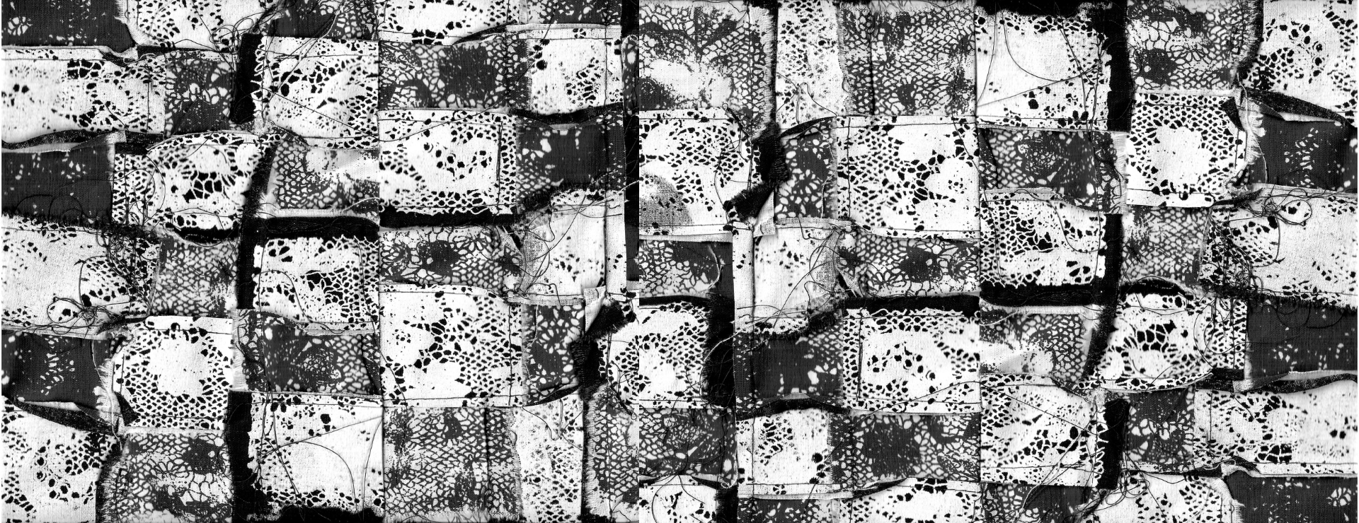 A black-and-white collage made from scanned fabric scraps and lace textures. Rectangular patches overlap in a dense, grid-like pattern, creating a chaotic yet rhythmic surface. The fabrics show frayed edges, loose hanging threads, and screen-printed lace motifs. The lace patterns create organic, floral-like shapes, contrasted sharply against rough textile grain and high-contrast ink marks. Dark smudges, seams, and tangled threads interrupt the repeating structure, adding a distressed, handmade quality. The overall effect feels fragmented, tactile, and layered—like a patchwork.