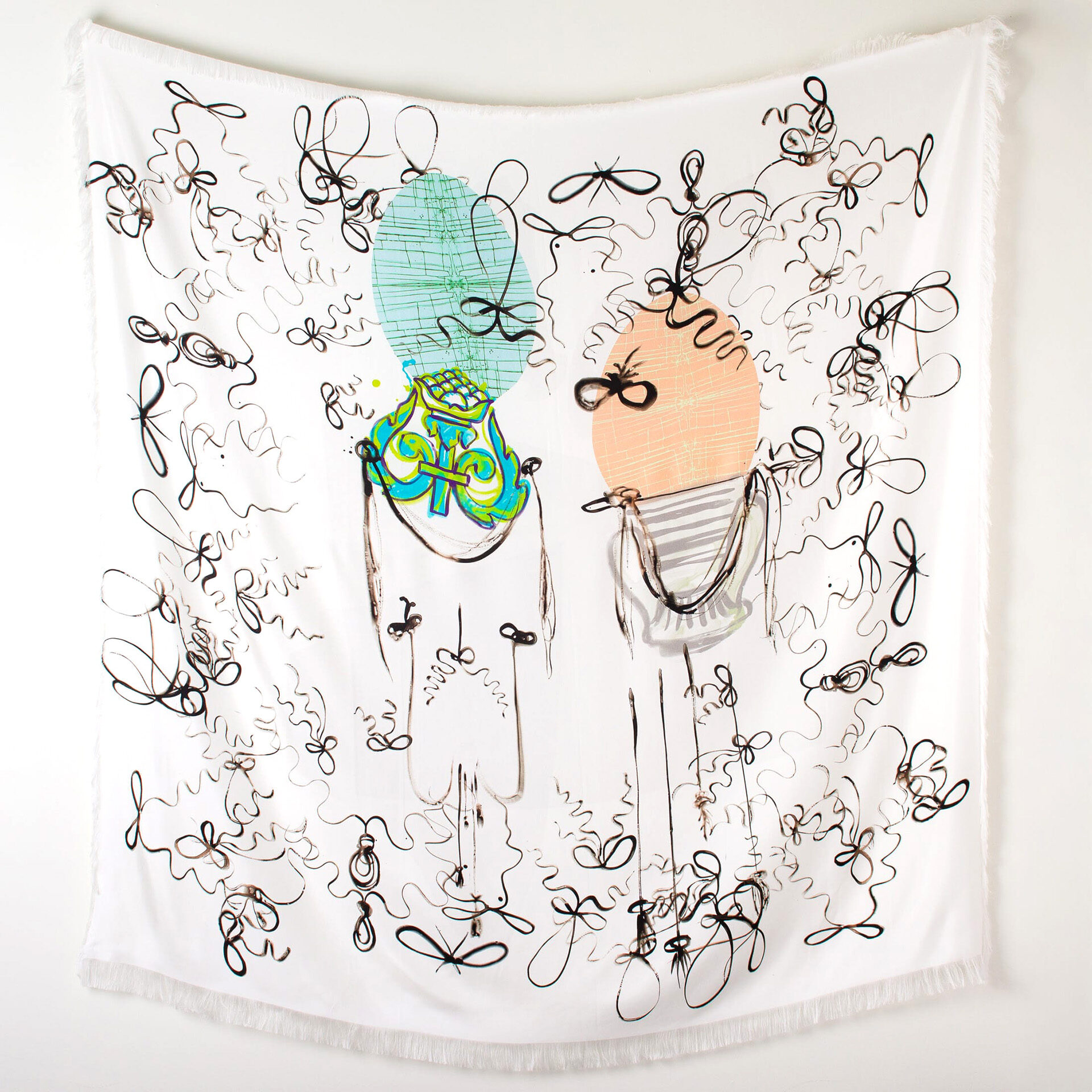 Betwixt silk print showing two illustrated egg-shaped figures with turquoise and peach coloring wearing fancy accessories, surrounded by hand-drawn decorative elements on white silk
