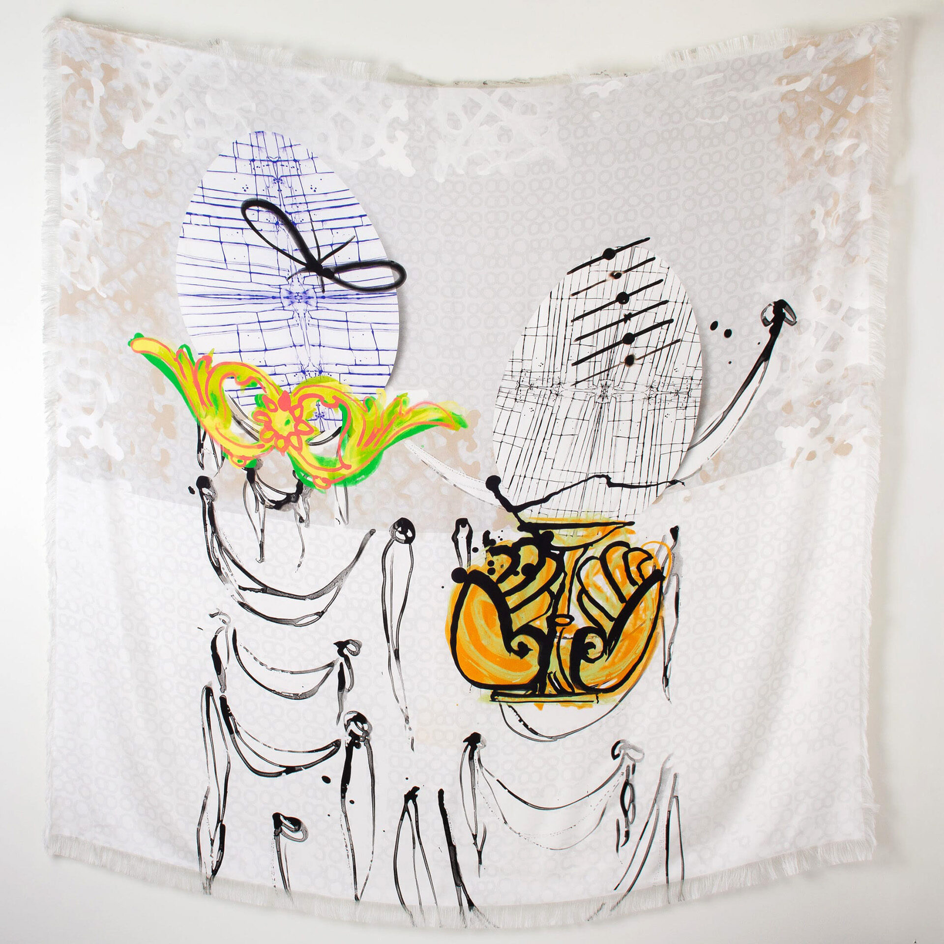 Betwixt silk composition depicting two egg-shaped characters with blue grid pattern and yellow ornamental details, sitting on architectural pedestals with gestural line drawings