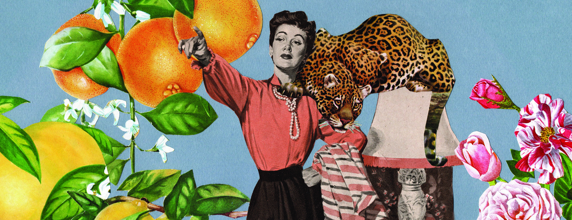 Cheetah perched on a lamp next to a woman surrounded by fruits and flowers