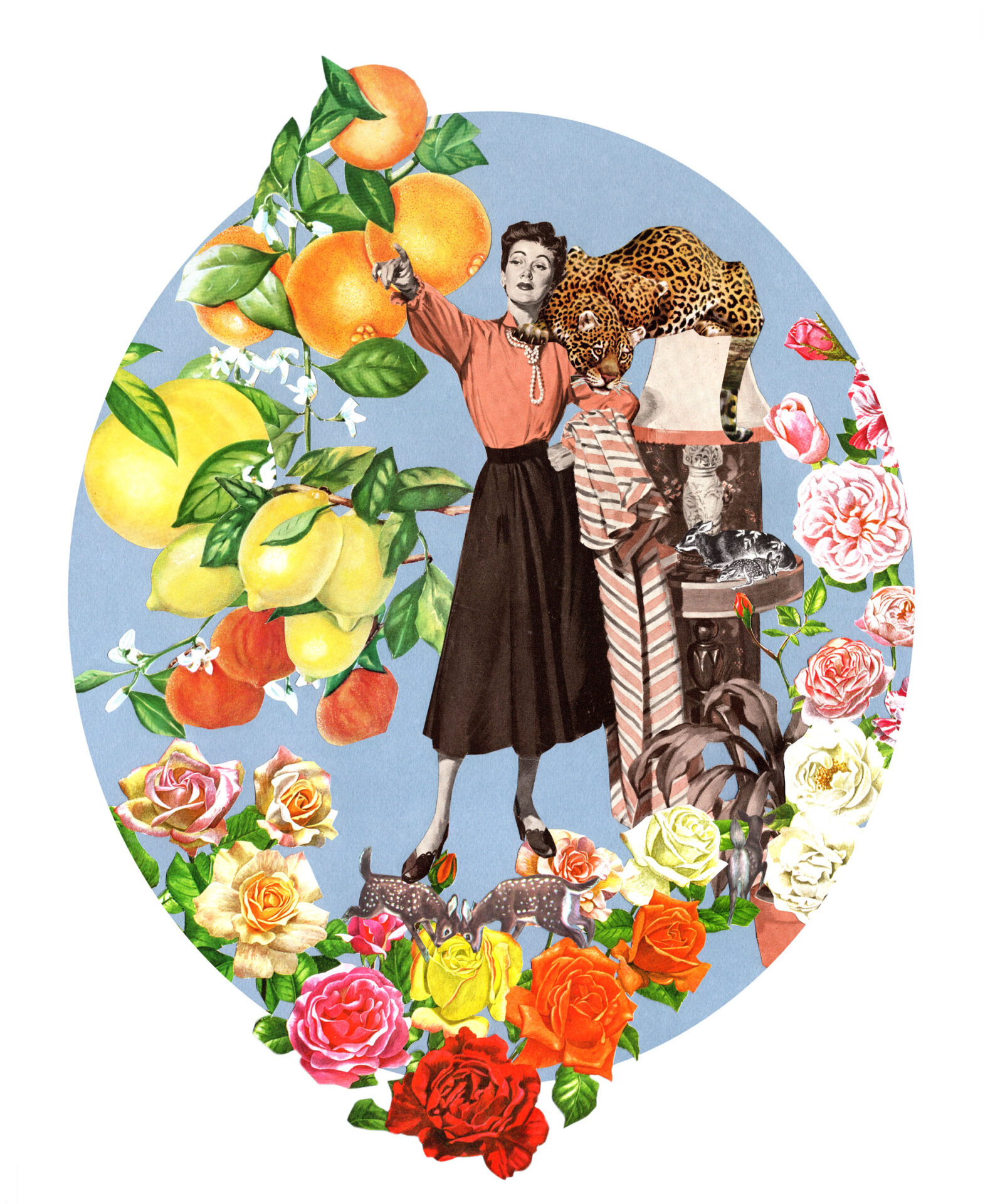 Cheetah perched on a lamp next to a woman surrounded by fruits and flowers