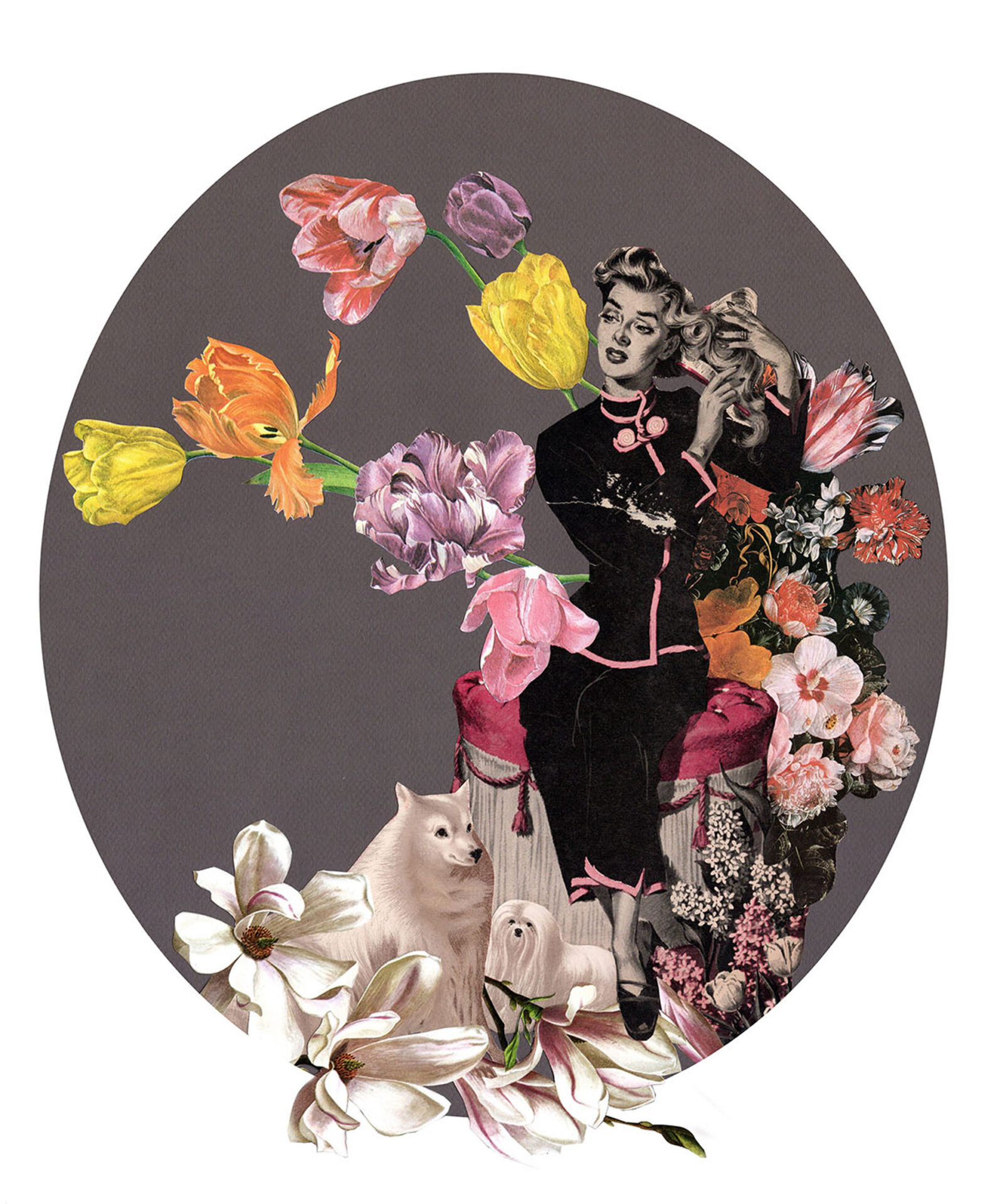 A woman looking lost in thought surrounded by flowers with a small white dog at her feet