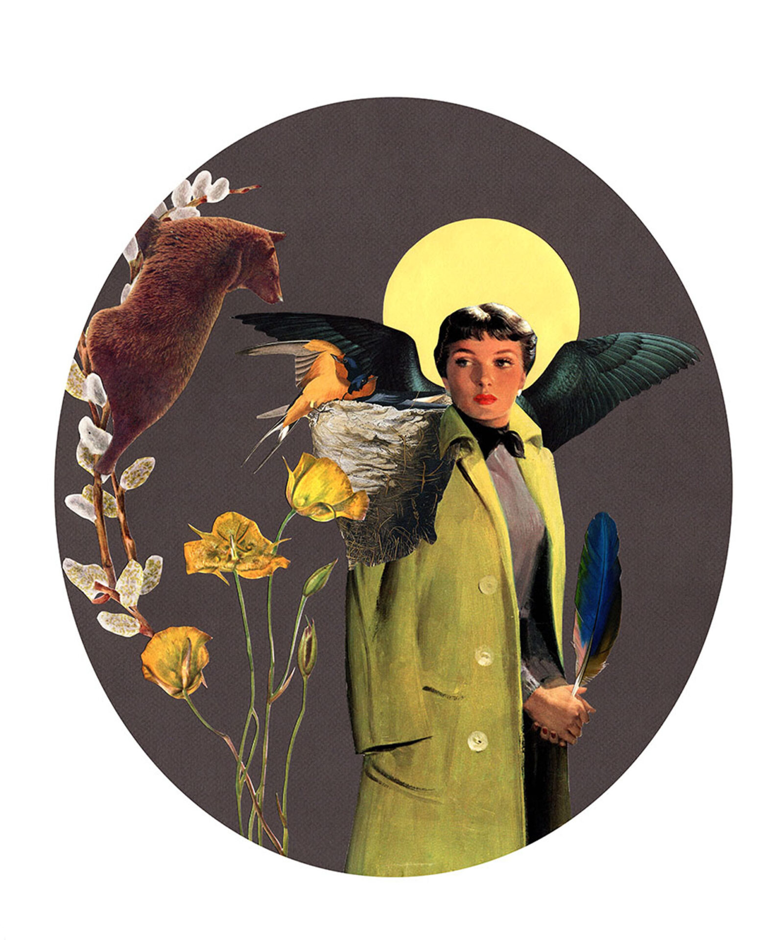 A young woman with a nest as a backpack. A bear perched on a branch looks into it.