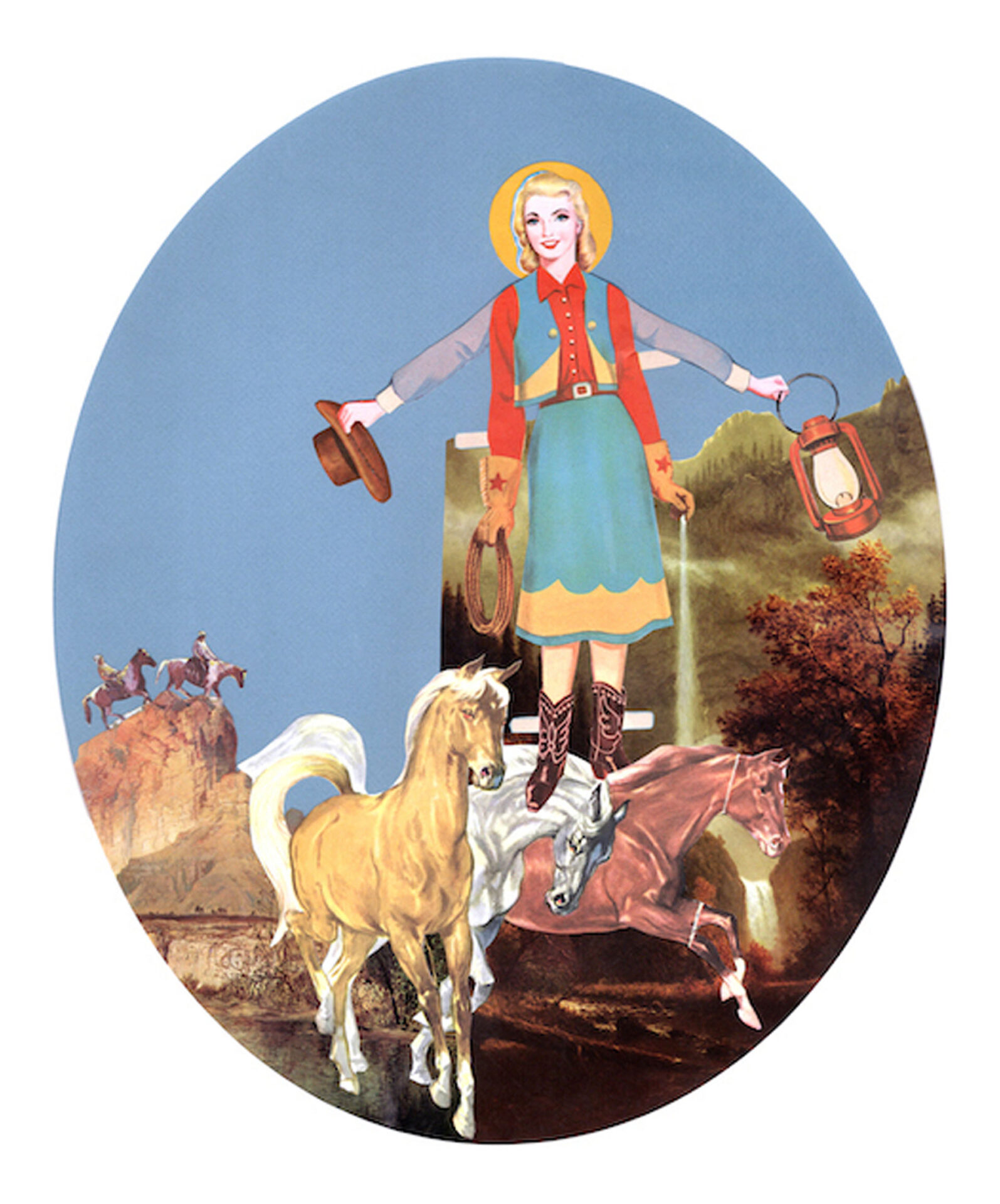 A paperdoll cowgirl is perched on a mountain with 4 arms filled with utility objects while tiny cowboys look on.