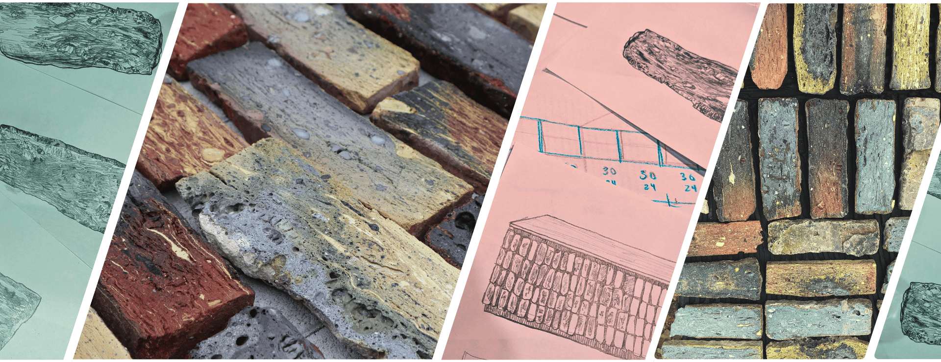 Collage of images of colourful cut bricks alternating with hand-drawn design concept sketches of furniture designs using the bricks as cladding.