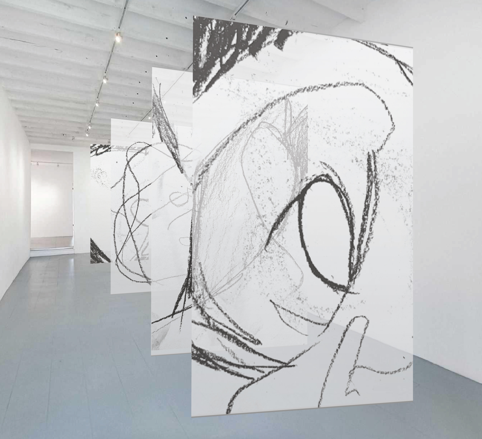 Suspended silk prints in the gallery