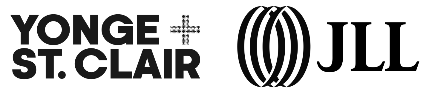 Black and white logo of the Yonge + St. Clair BIA, and black and white logo of JLL Property Management