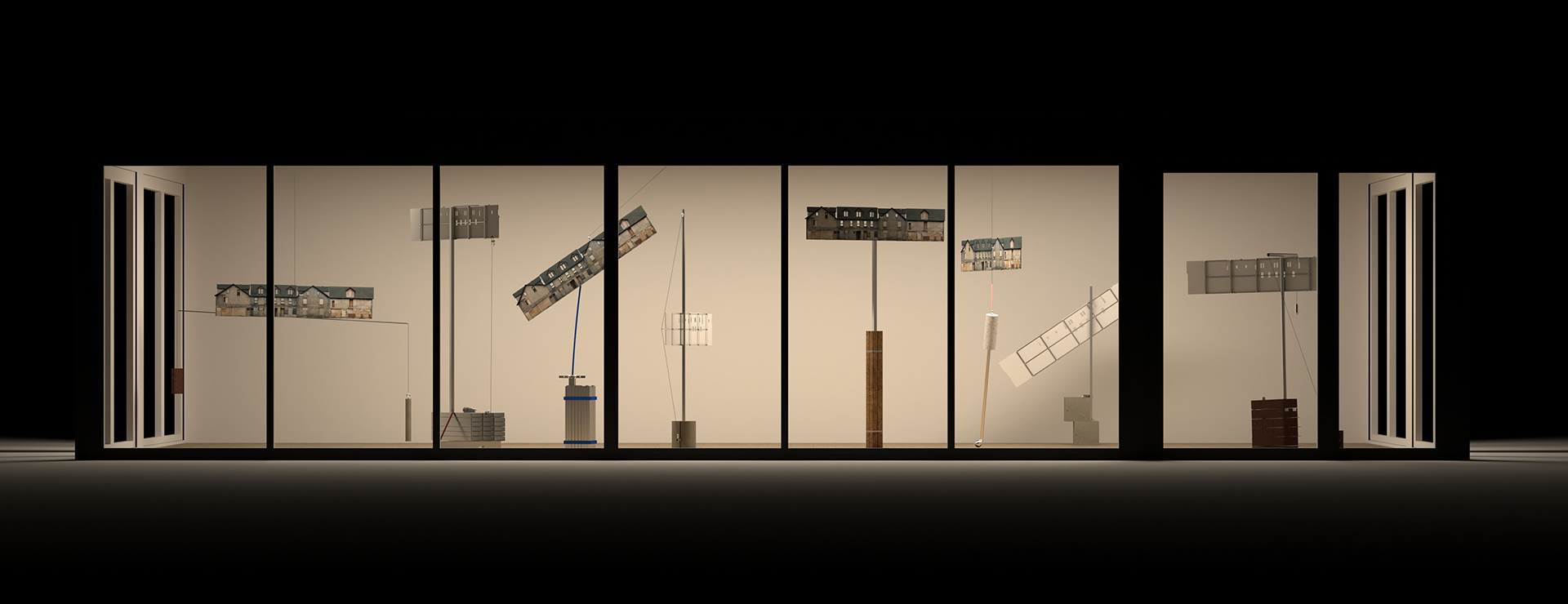 A nighttime view of a warmly lit gallery shows several tall window panels revealing drawings of old building façades. Each drawing is propped on uneven stands made from simple construction materials like bricks, wood, and metal, creating a fragile, tilted landscape inside the quiet space.