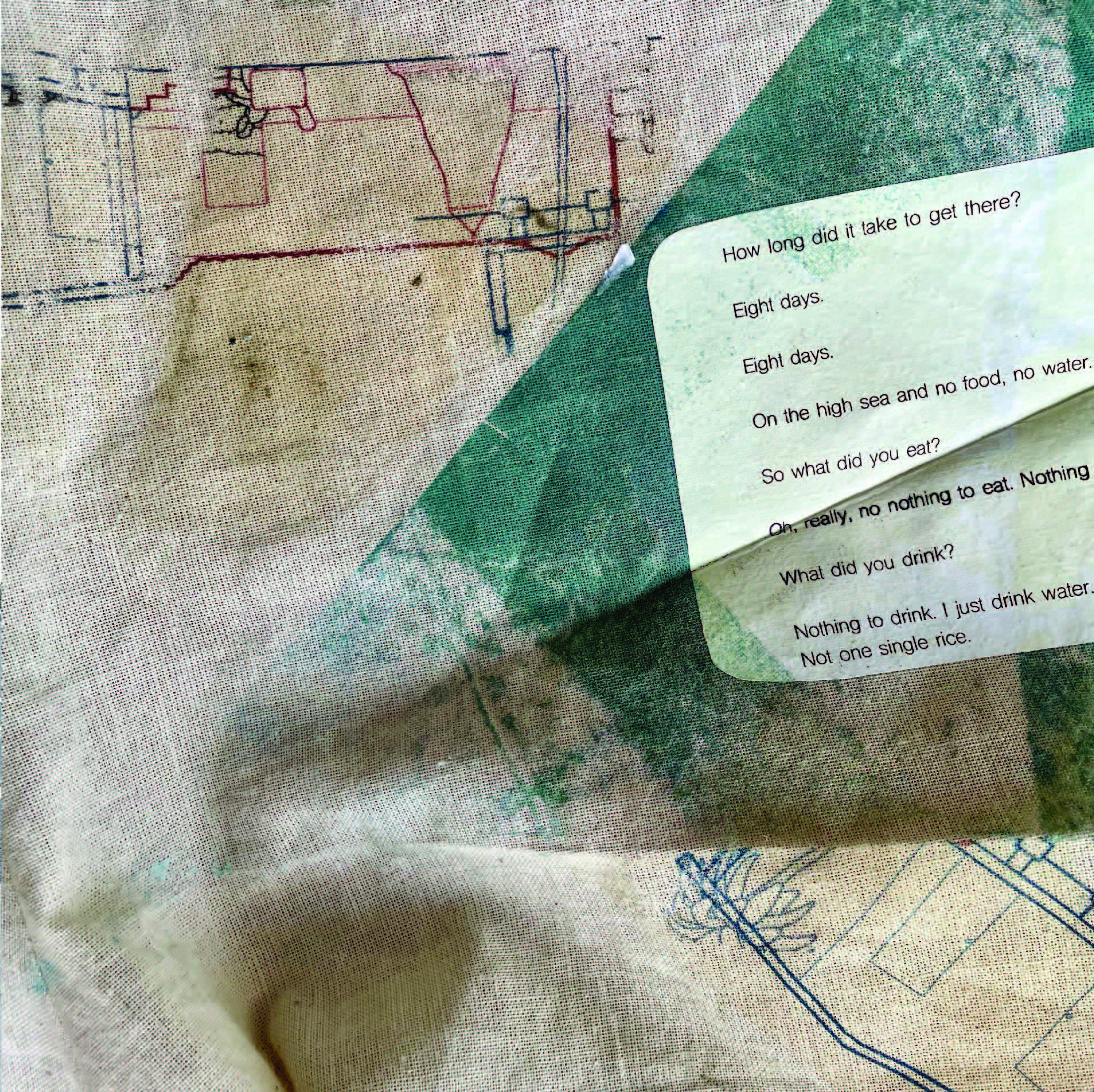 Fabric artwork with abstract shapes and a printed “Mom/Me” dialogue about an eight-day journey.