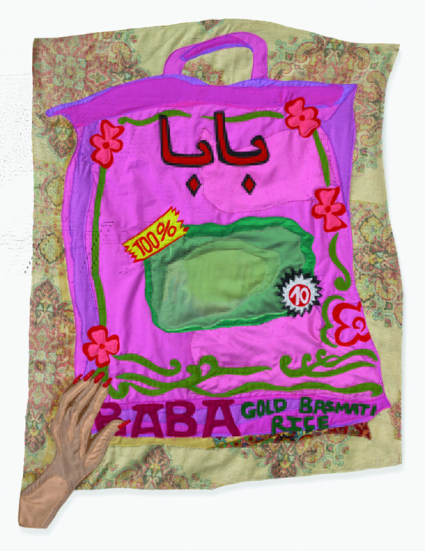 Textile collage of a pink “Baba” Gold Basmati Rice bag with flowers and a stitched hand.